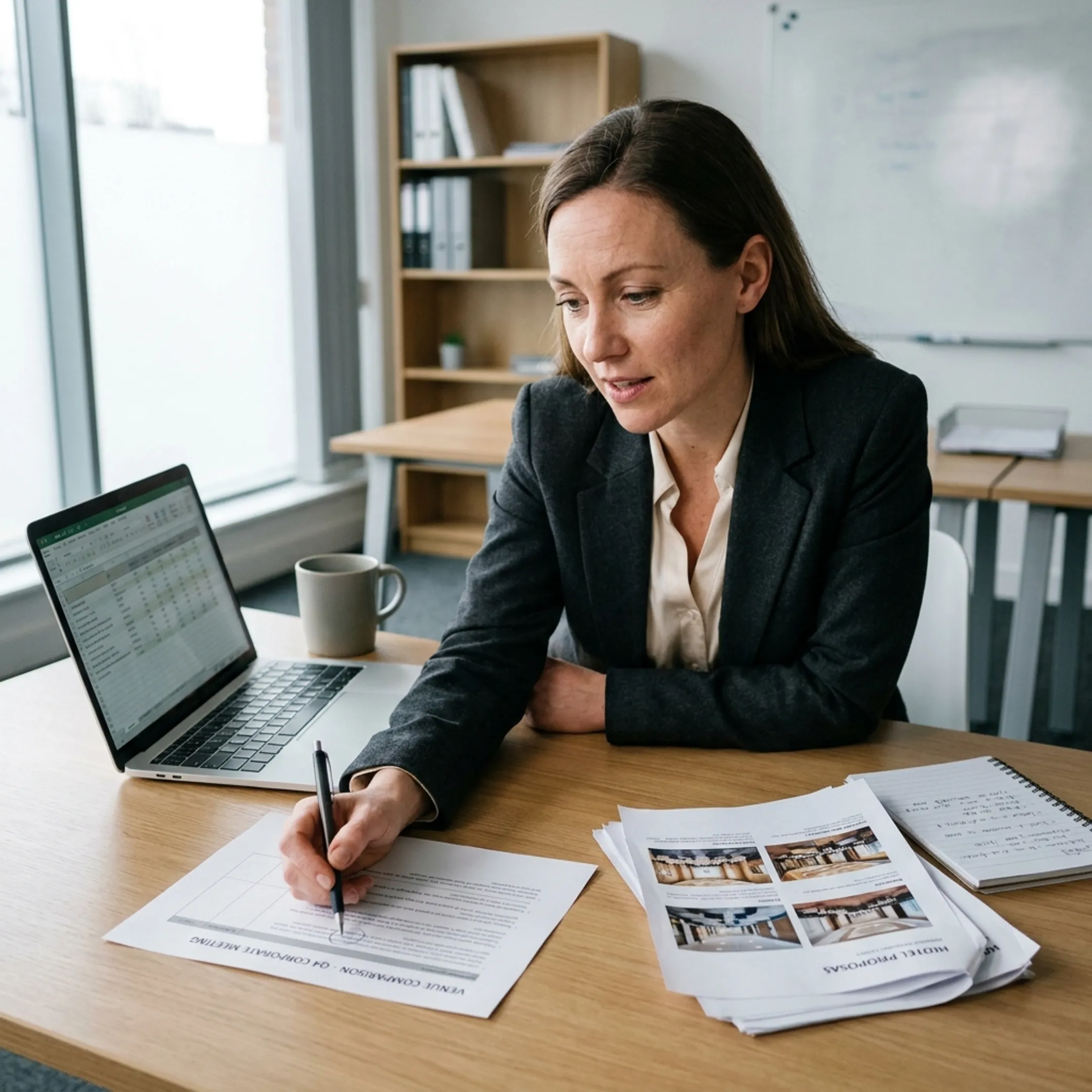 Planner reviewing hotel meeting venue proposals at a desk