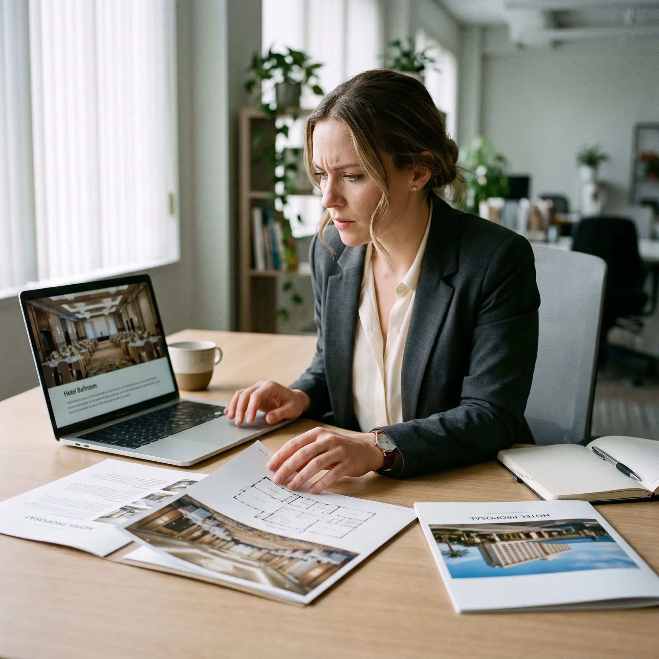 Planner comparing corporate event venue proposals on a laptop