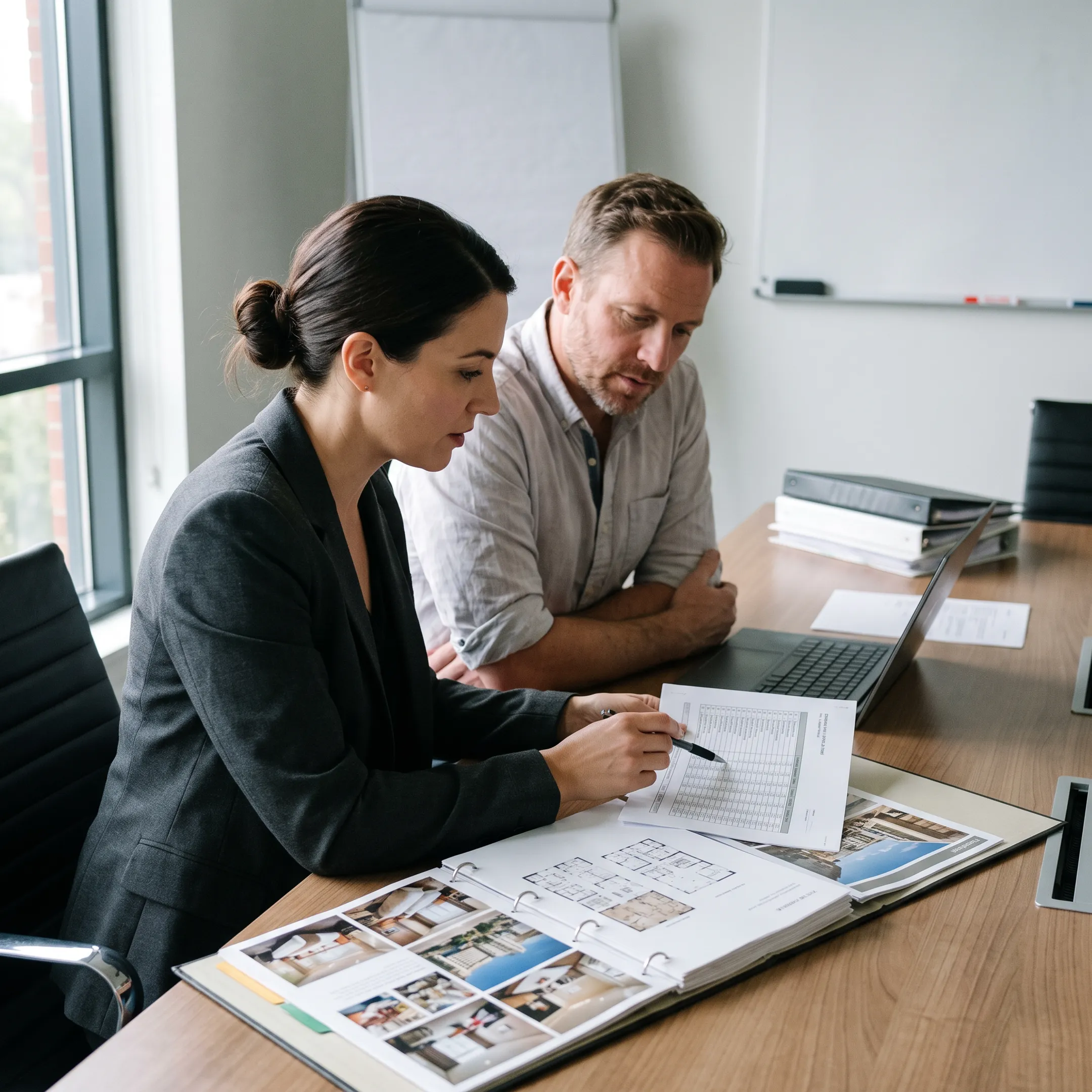 Planner reviewing California hotel meeting venue options with a corporate client