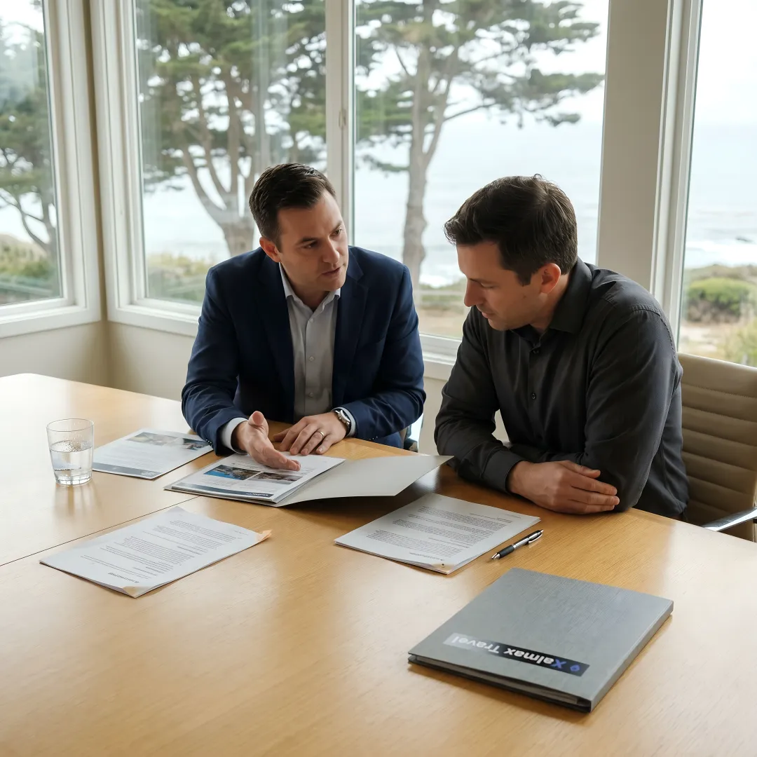Corporate team reviewing retreat venue options