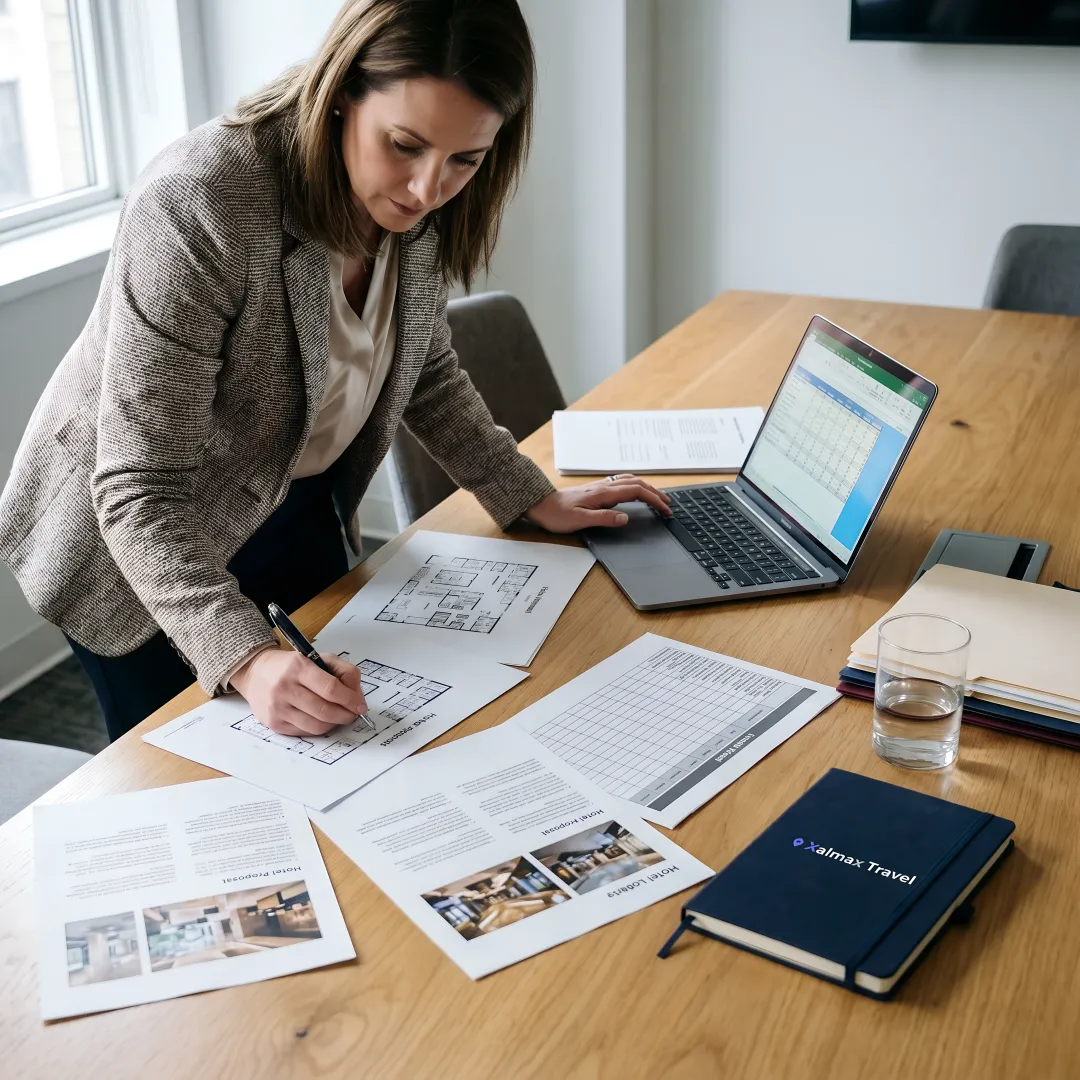 Planner reviewing retreat venue options for a large corporate group