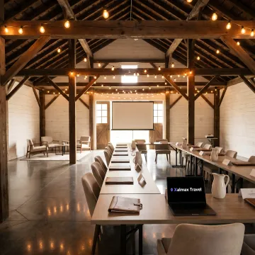 Rustic barn venue set up for a corporate retreat