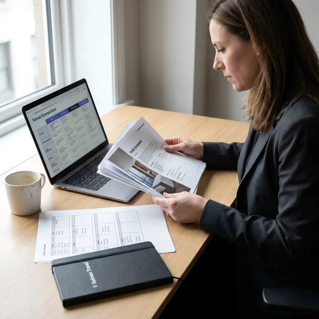 Corporate planner reviewing event travel options