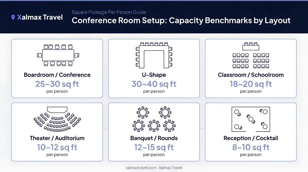 Conference venue room setup capacity benchmarks square footage per person by layout