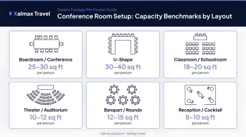 Conference venue room setup capacity benchmarks square footage per person by layout