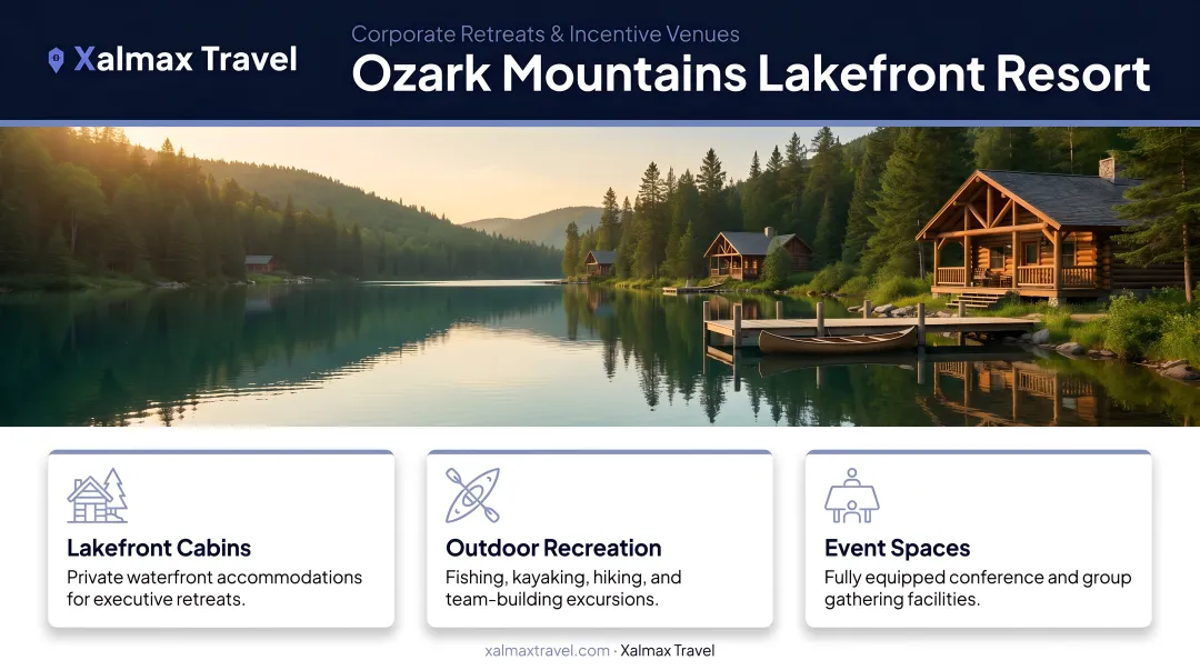 Ozark Mountains lakefront resort with cabins and outdoor recreation activities