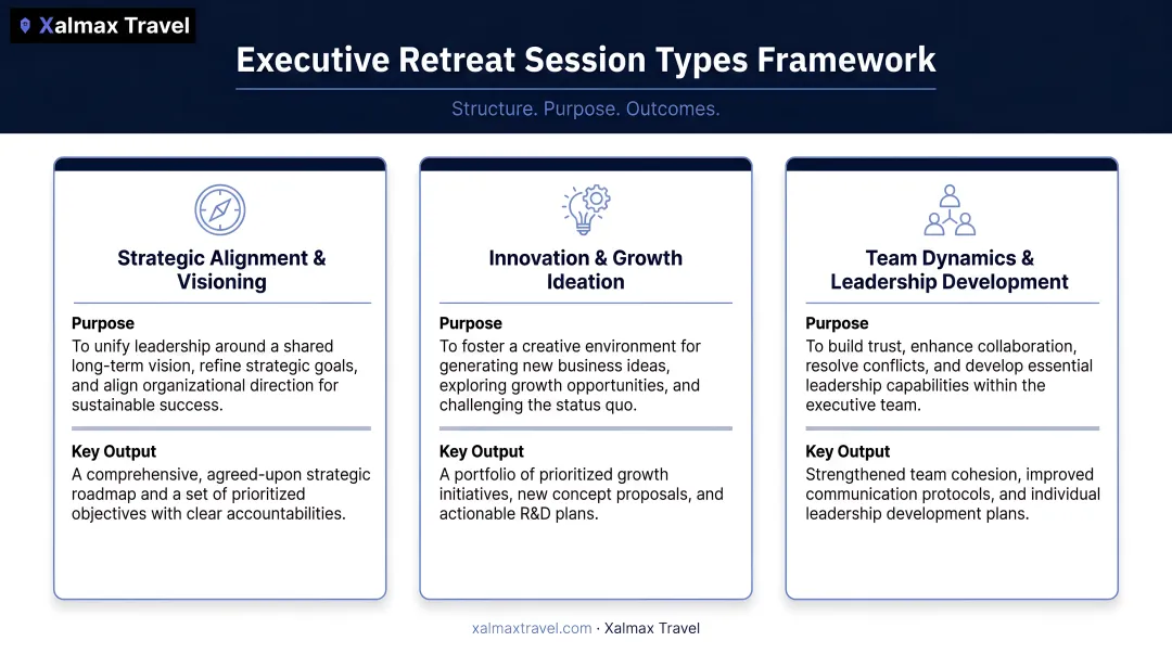 Three core executive retreat session types framework with purpose and output descriptions