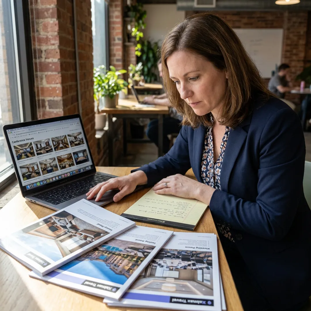 Planner comparing corporate retreat venue proposals