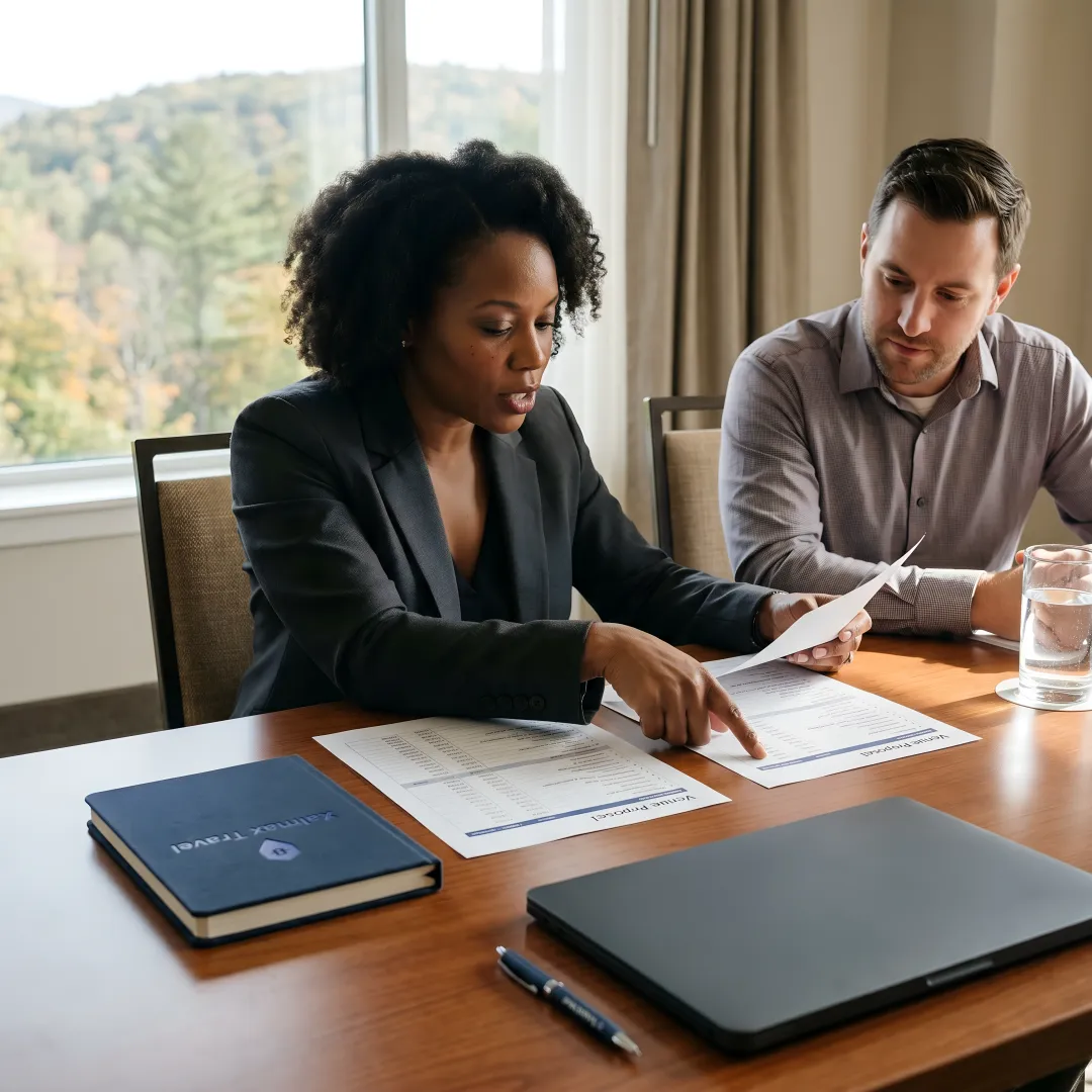 Corporate planner reviewing retreat venue proposals