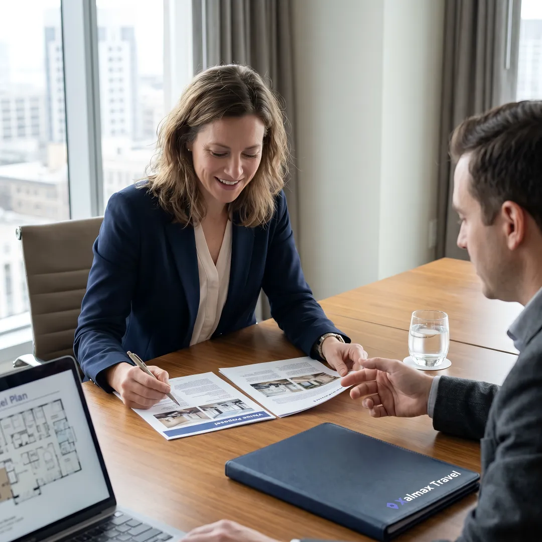 Corporate event planner reviewing venue proposals