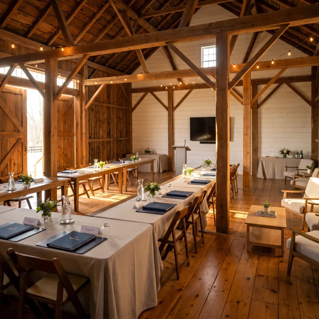 Rustic barn venue set up for a corporate retreat