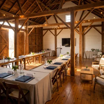Rustic barn venue set up for a corporate retreat