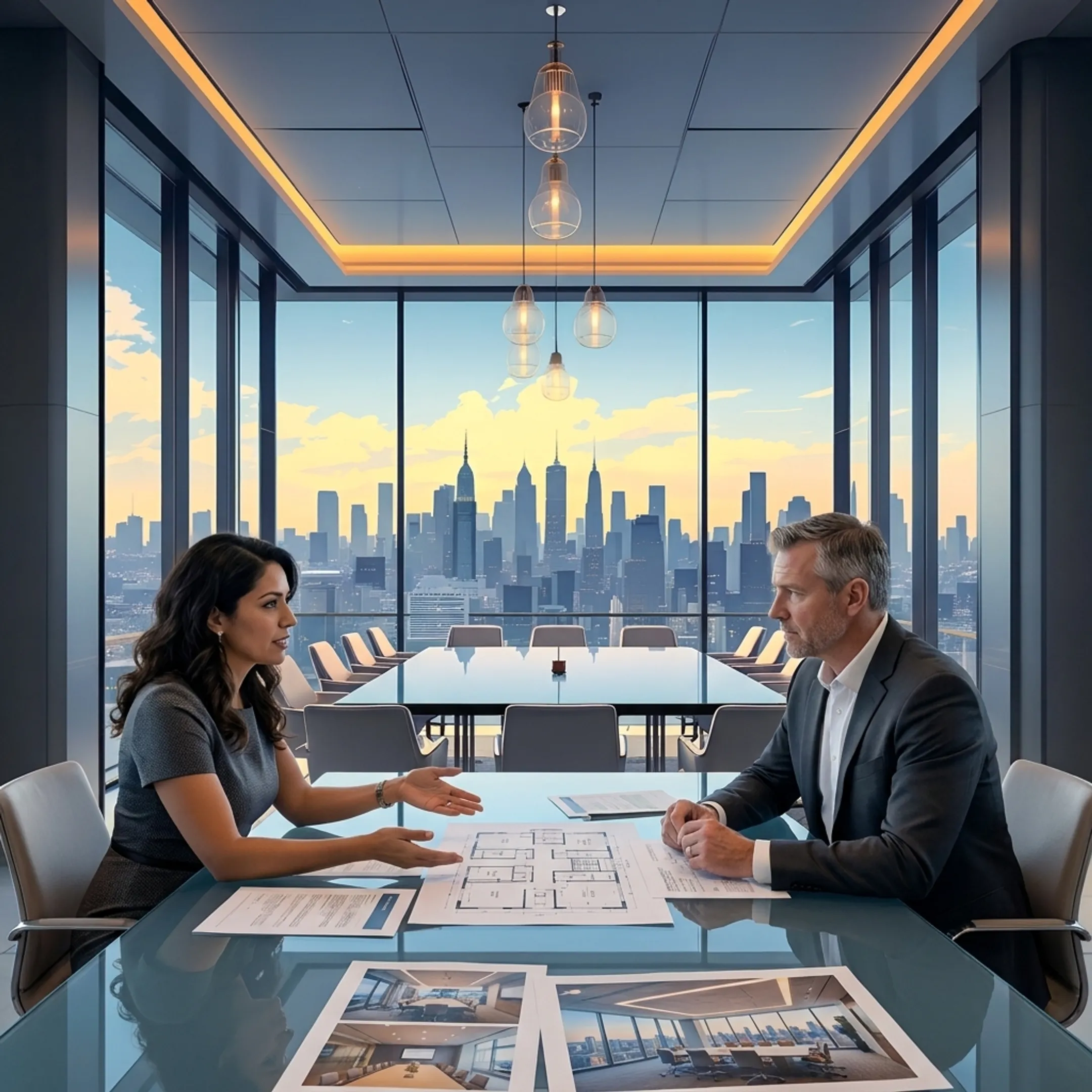 Planner reviewing corporate venue proposals with a client