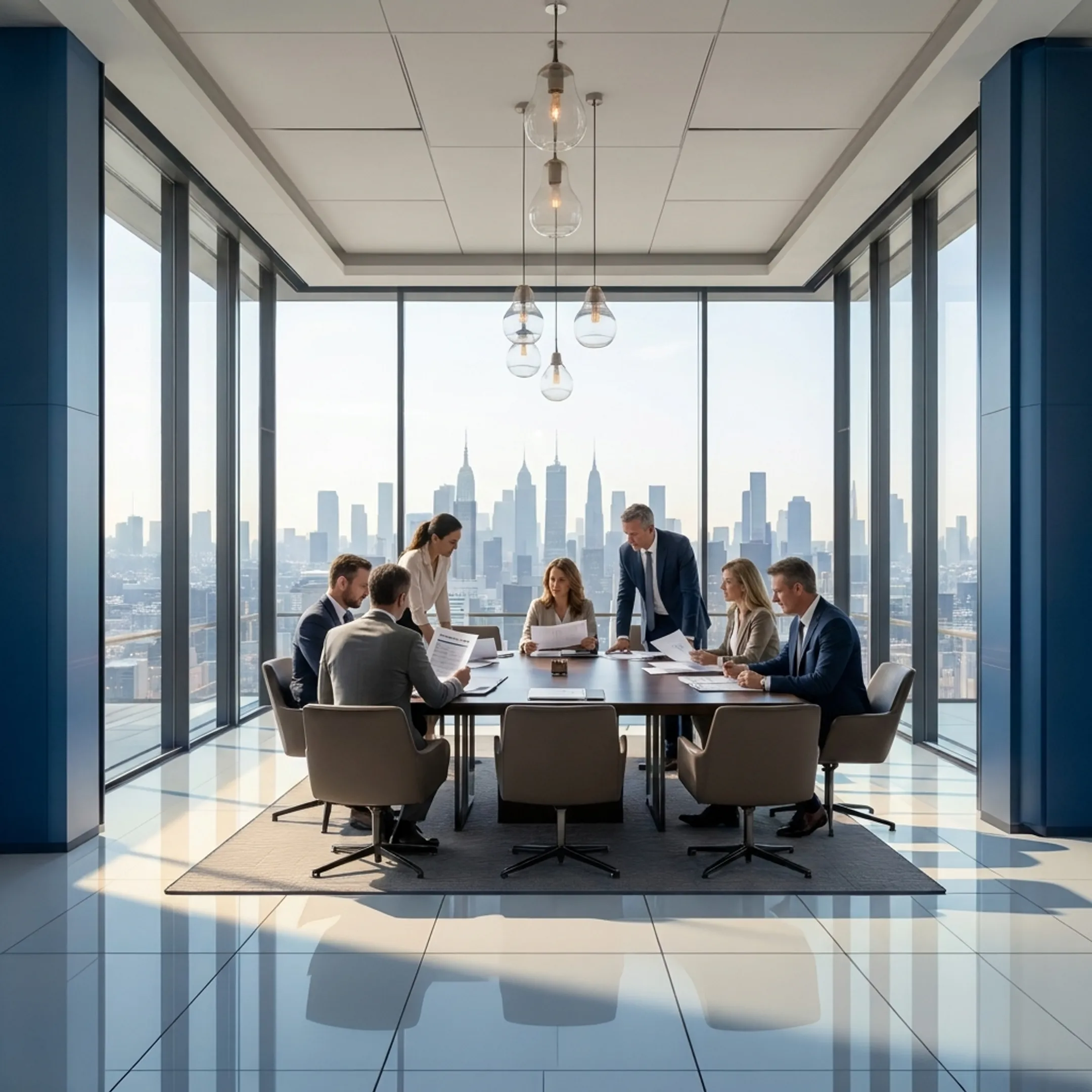 Business professionals comparing corporate event venue proposals