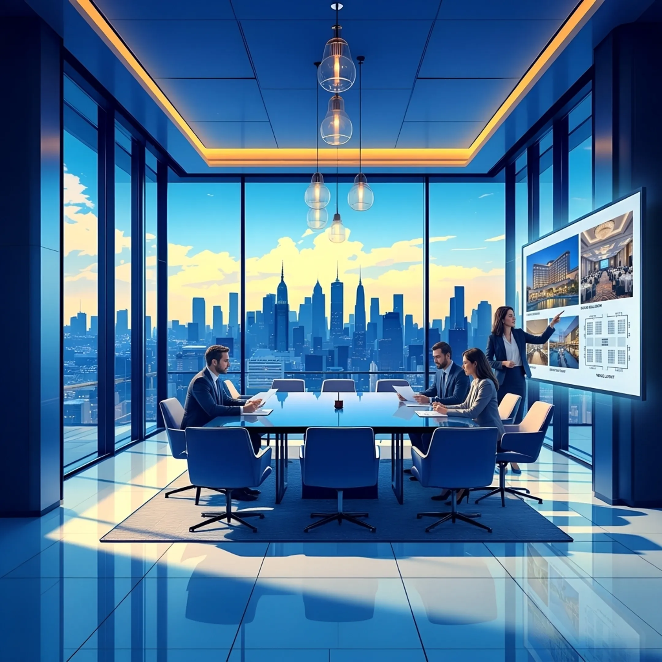 Advisor presenting corporate conference venue options to a planning team