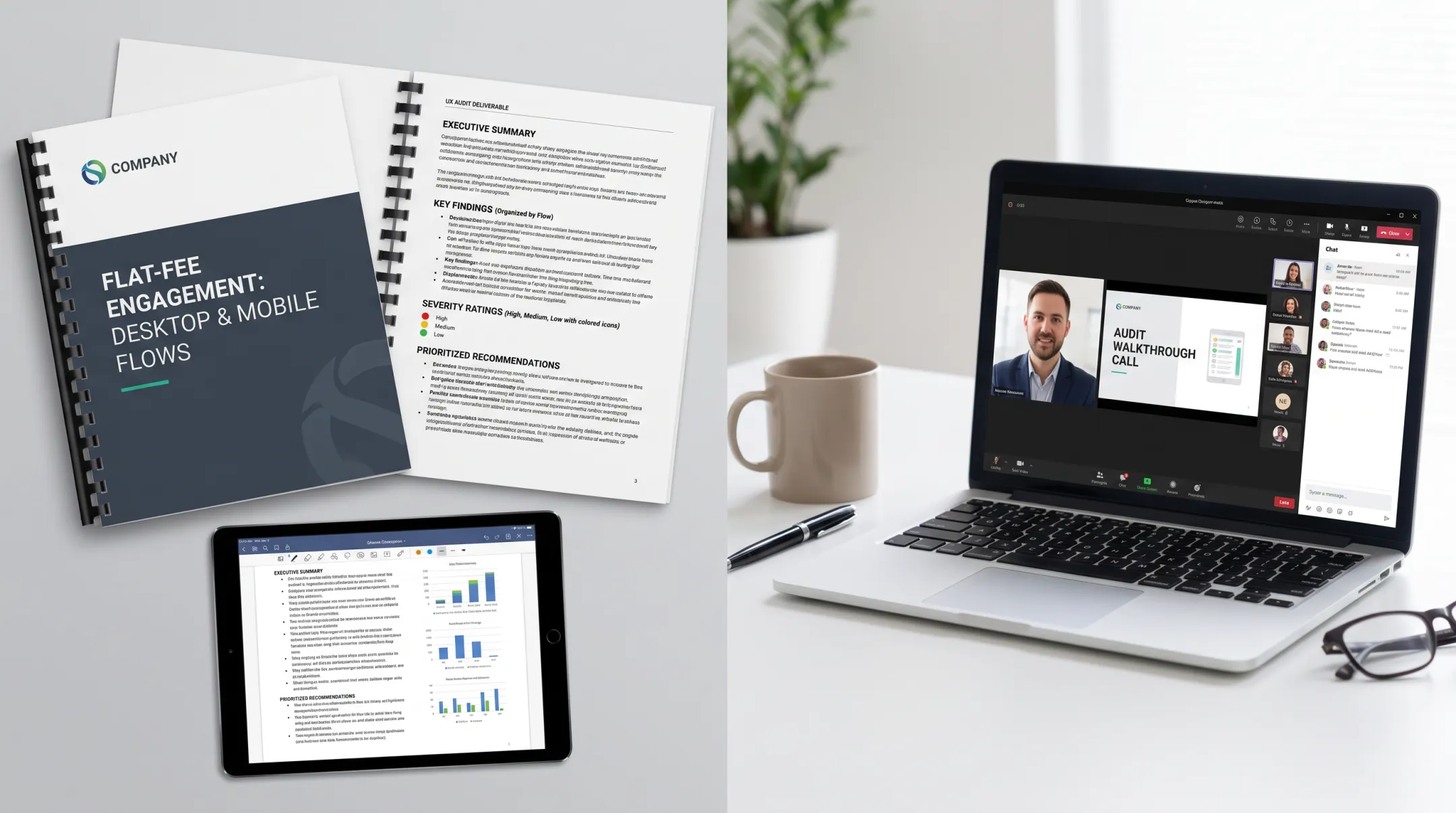 Sample UX audit report deliverable with prioritized recommendations and findings