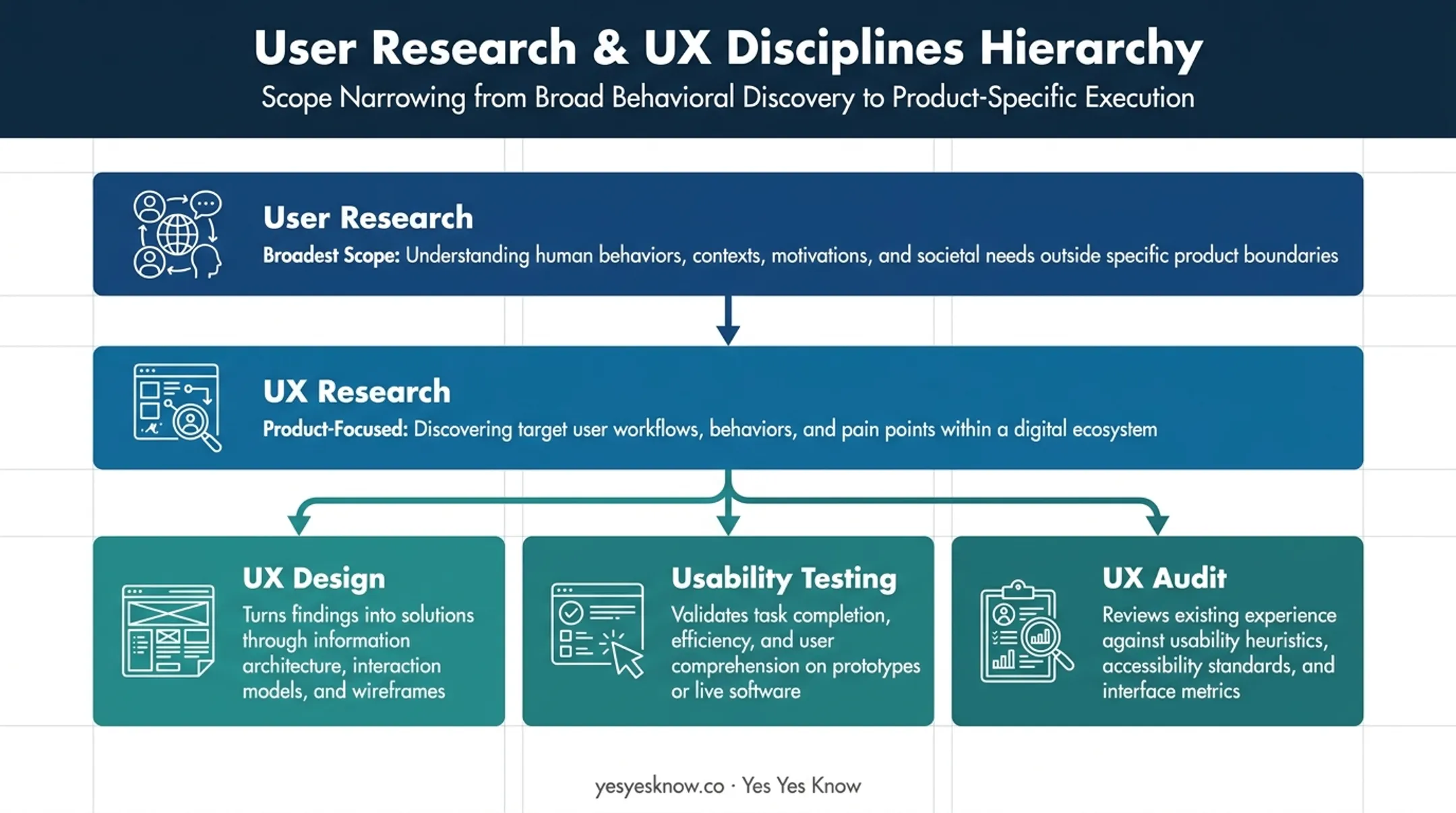 Hierarchy diagram showing user research UX research and design disciplines