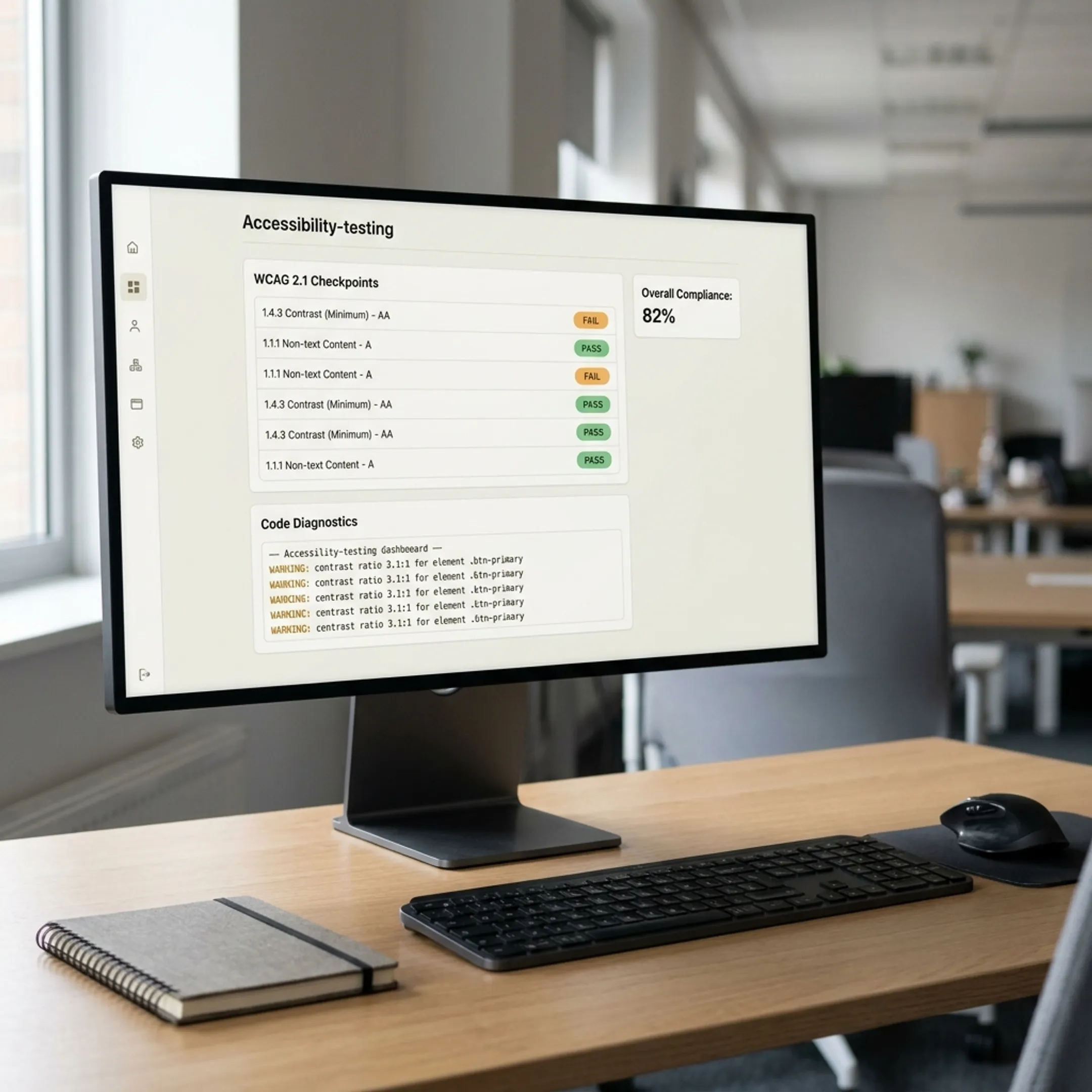 Digital accessibility testing tool interface displaying audit results and compliance metrics