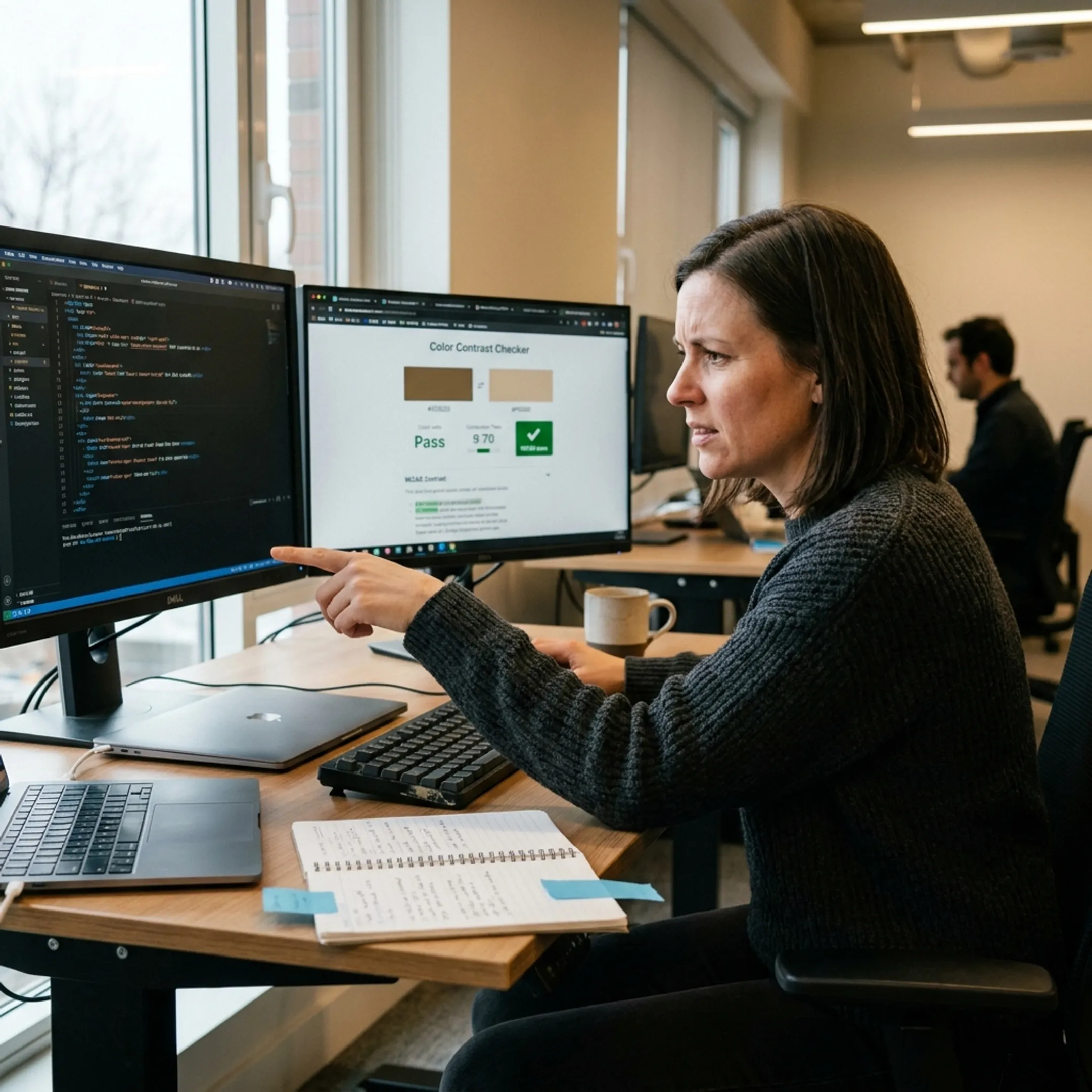 UX specialist performing digital accessibility audit on dual monitor workstation