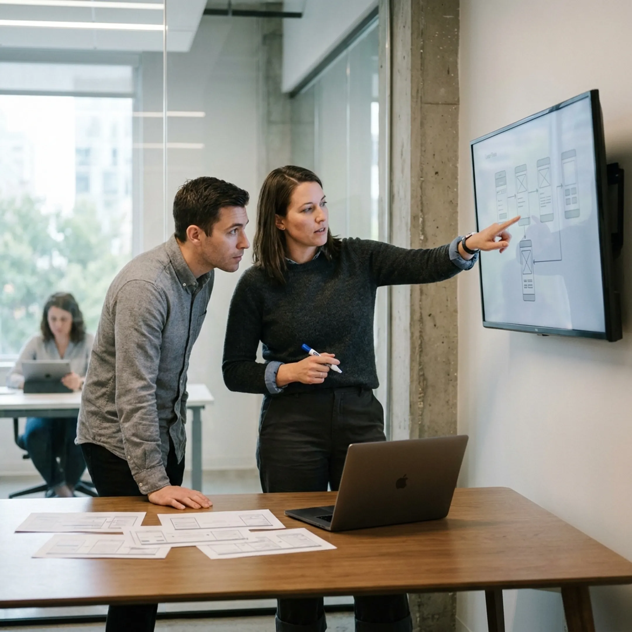 UX designers collaborating on wireframes and interface prototypes for complex software