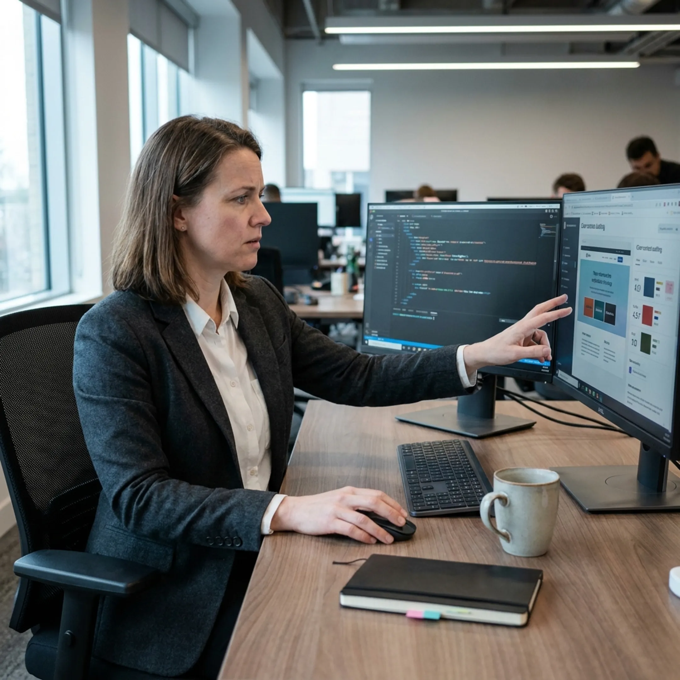 UX accessibility consultant reviewing digital code and interface contrast on desktop monitor