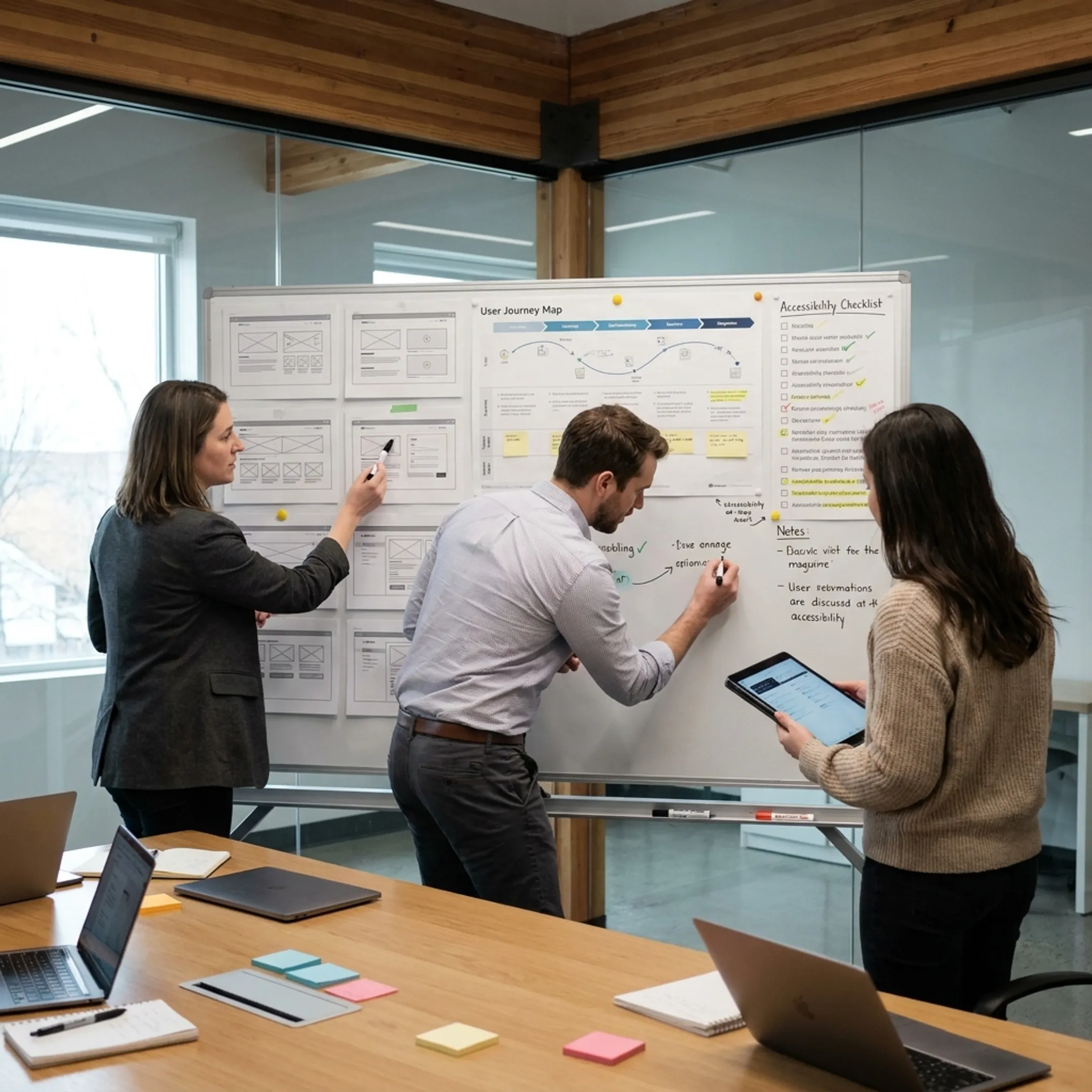 UX consulting team mapping out user journeys and interface wireframes during a product workshop