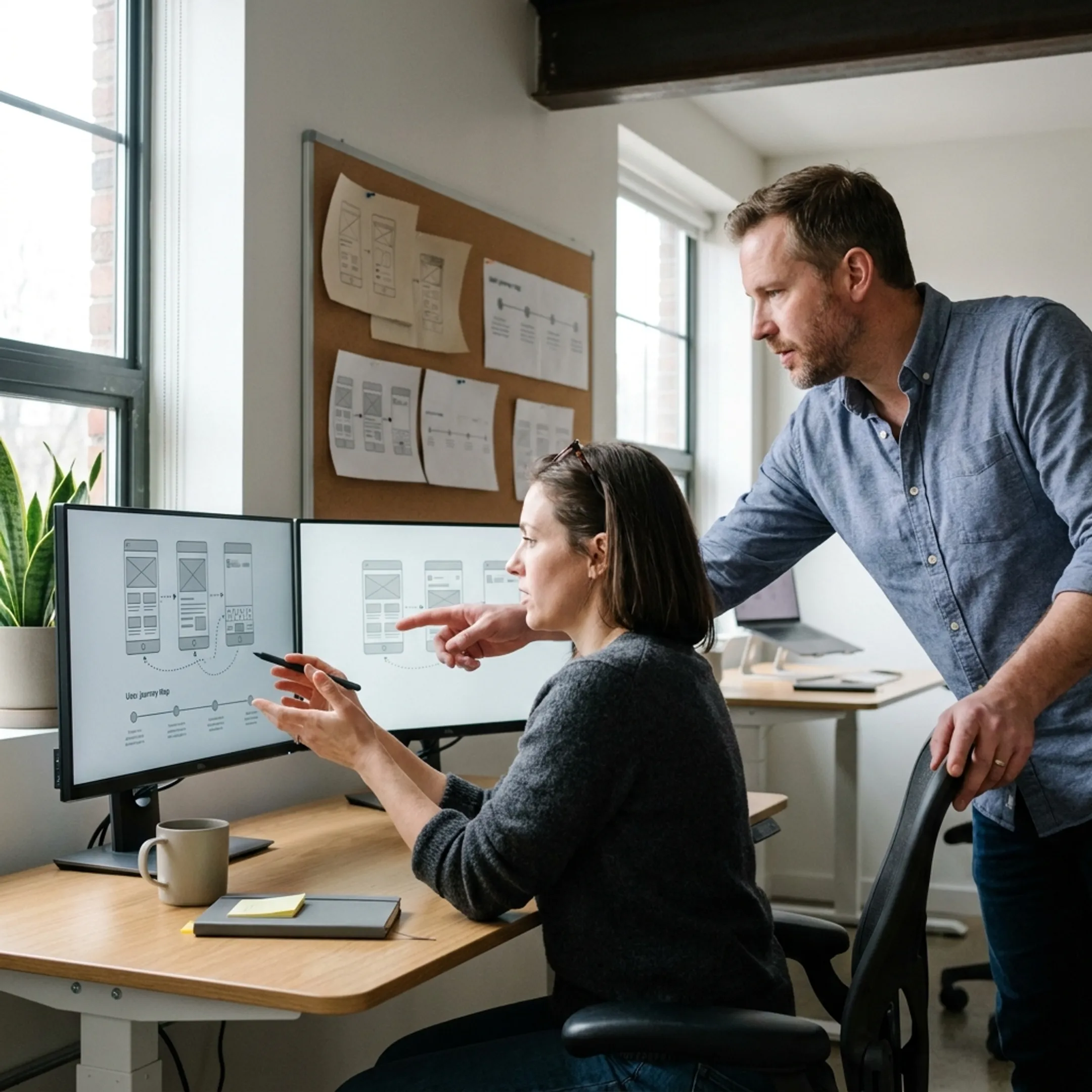 UX designers reviewing wireframe prototypes during an interactive software design phase