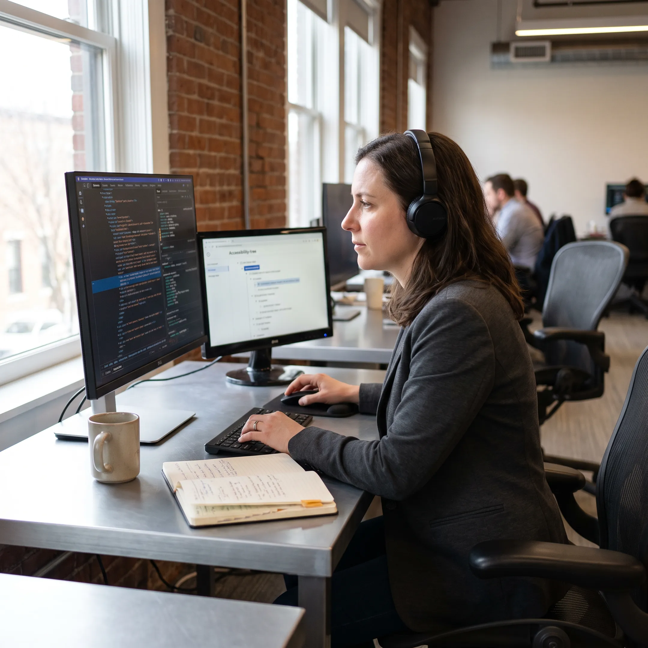 UX accessibility consultant conducting an audit using a screen reader and code inspector on a desktop computer