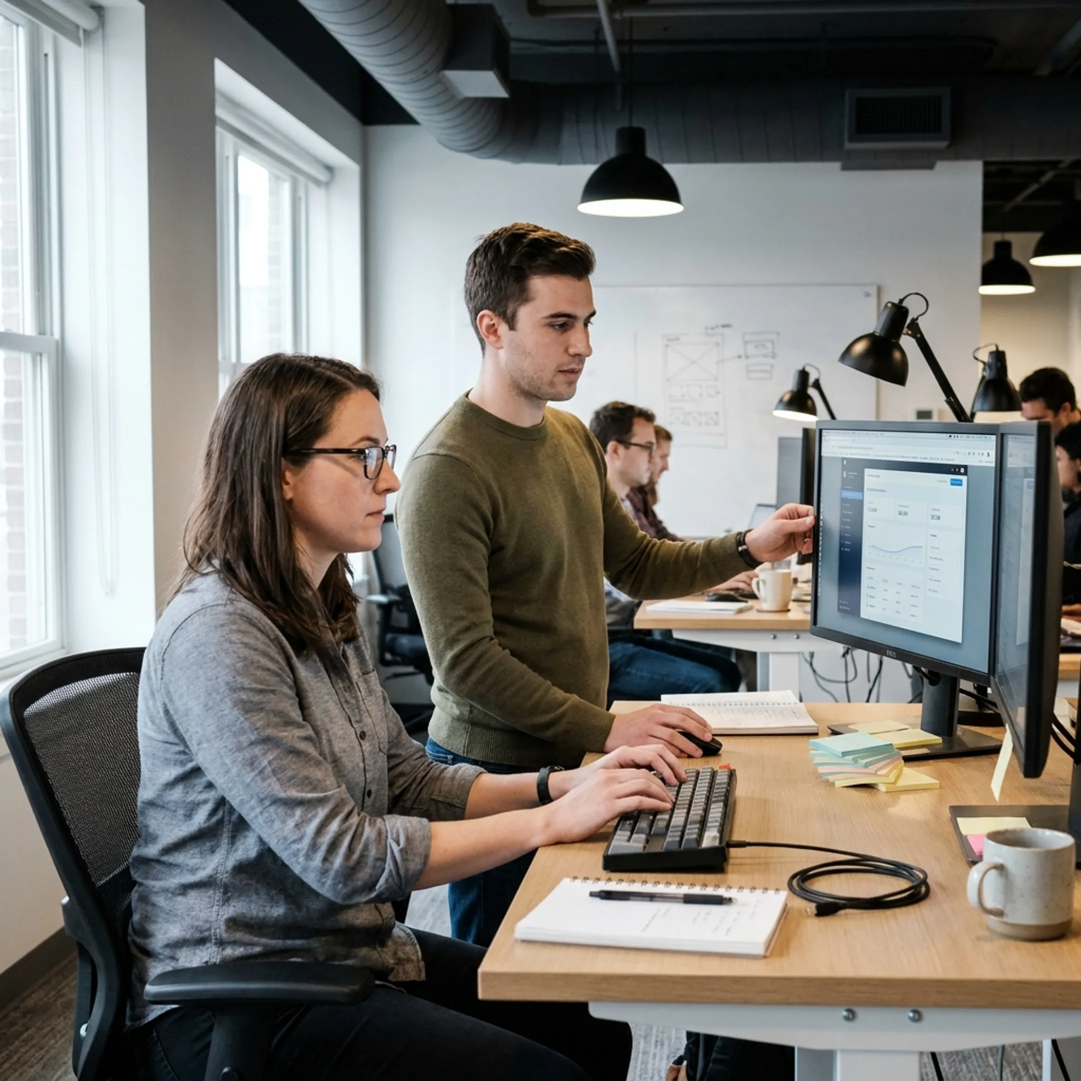 Front-end developers engineering accessible user interfaces on computer screens
