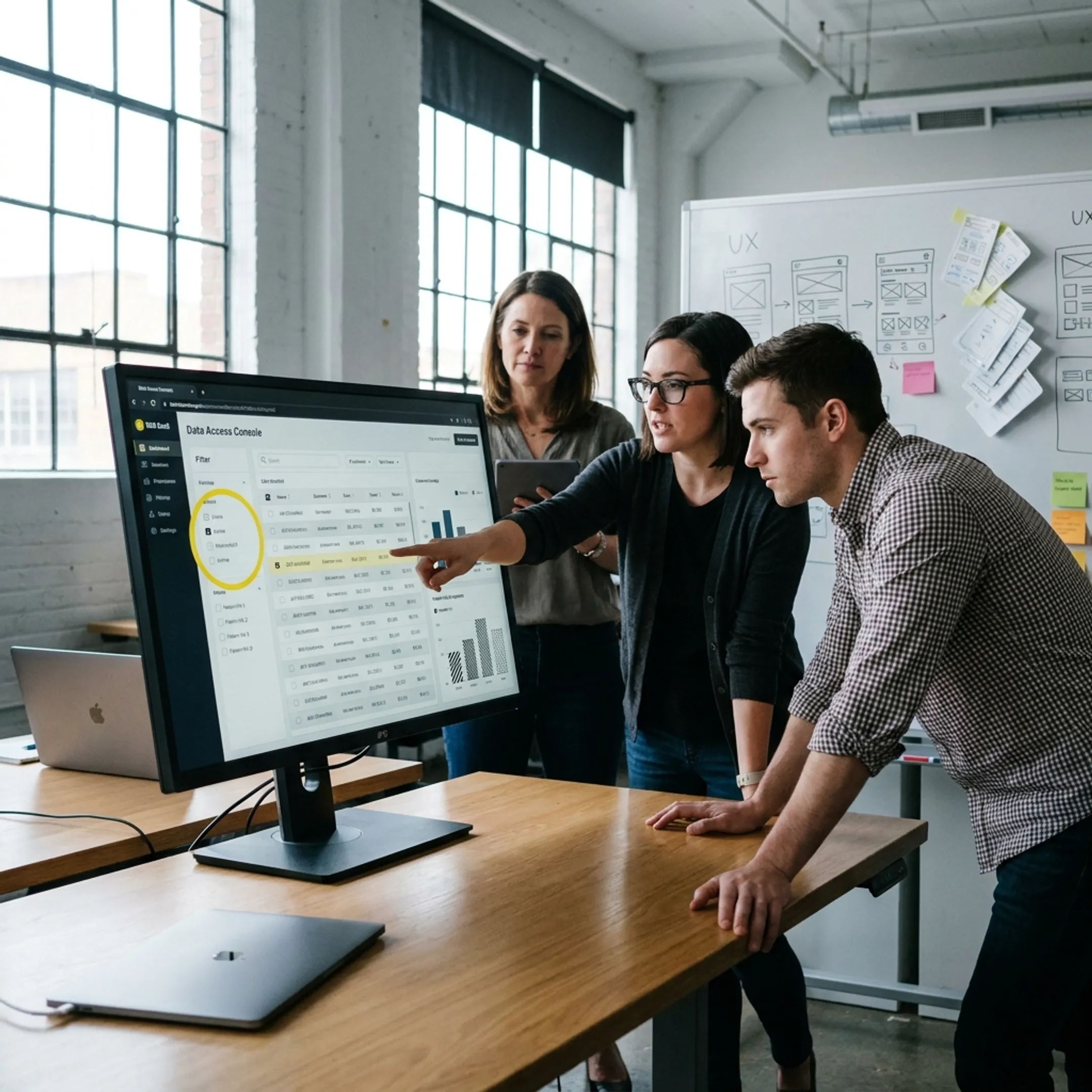 Product design team reviewing a complex software interface