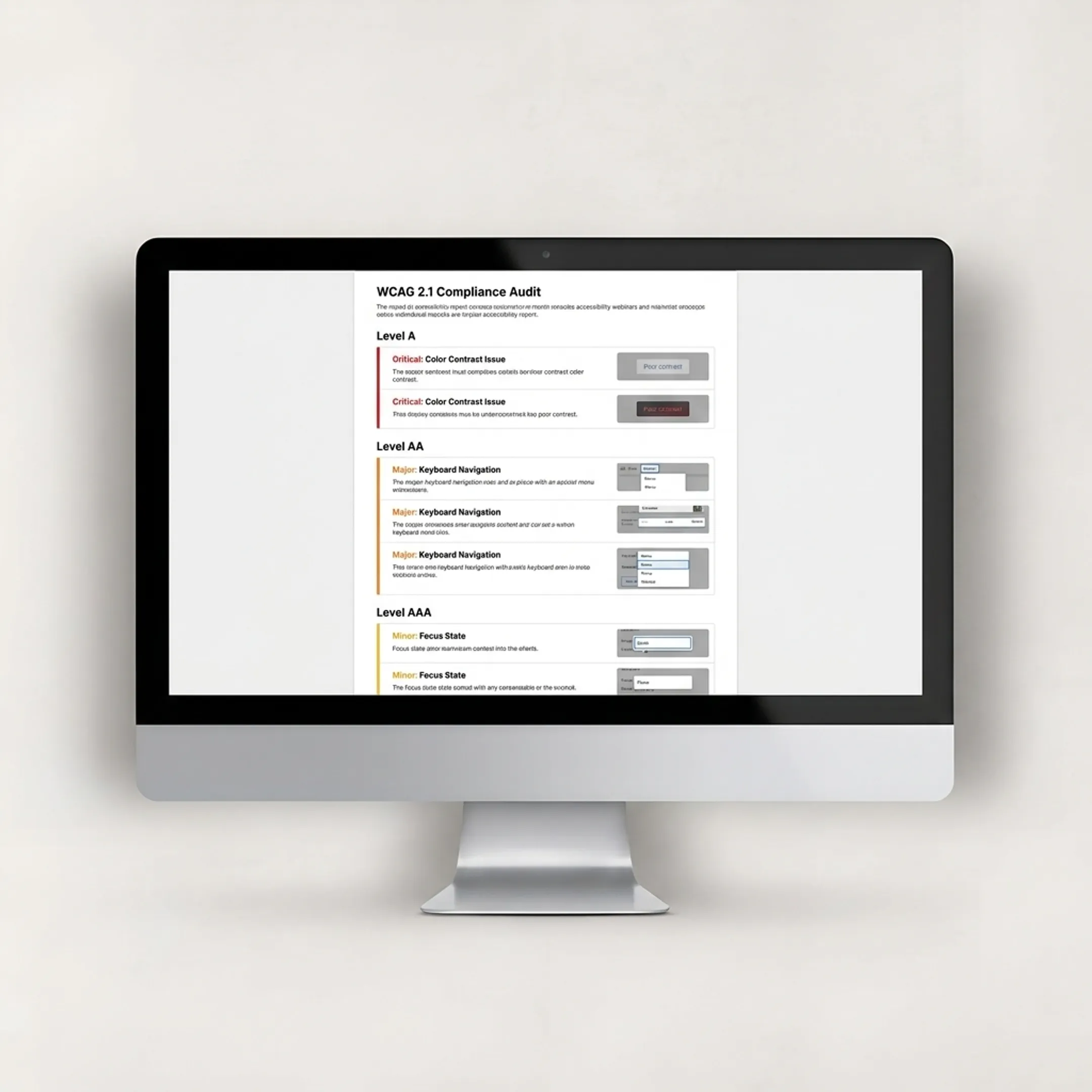 Accessibility audit report showing WCAG criteria compliance checklist