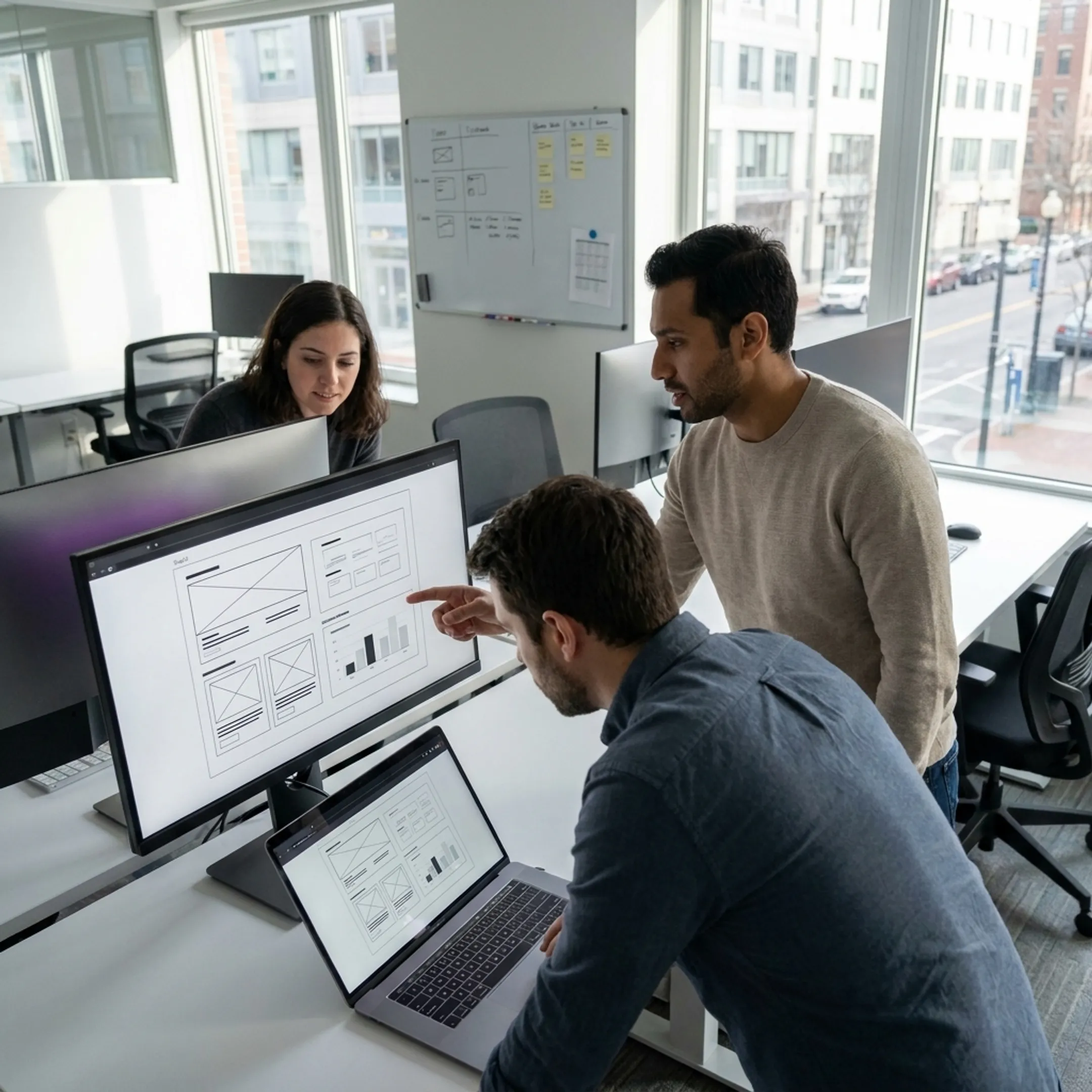 UI and UX design team collaborating on enterprise software interface wireframes