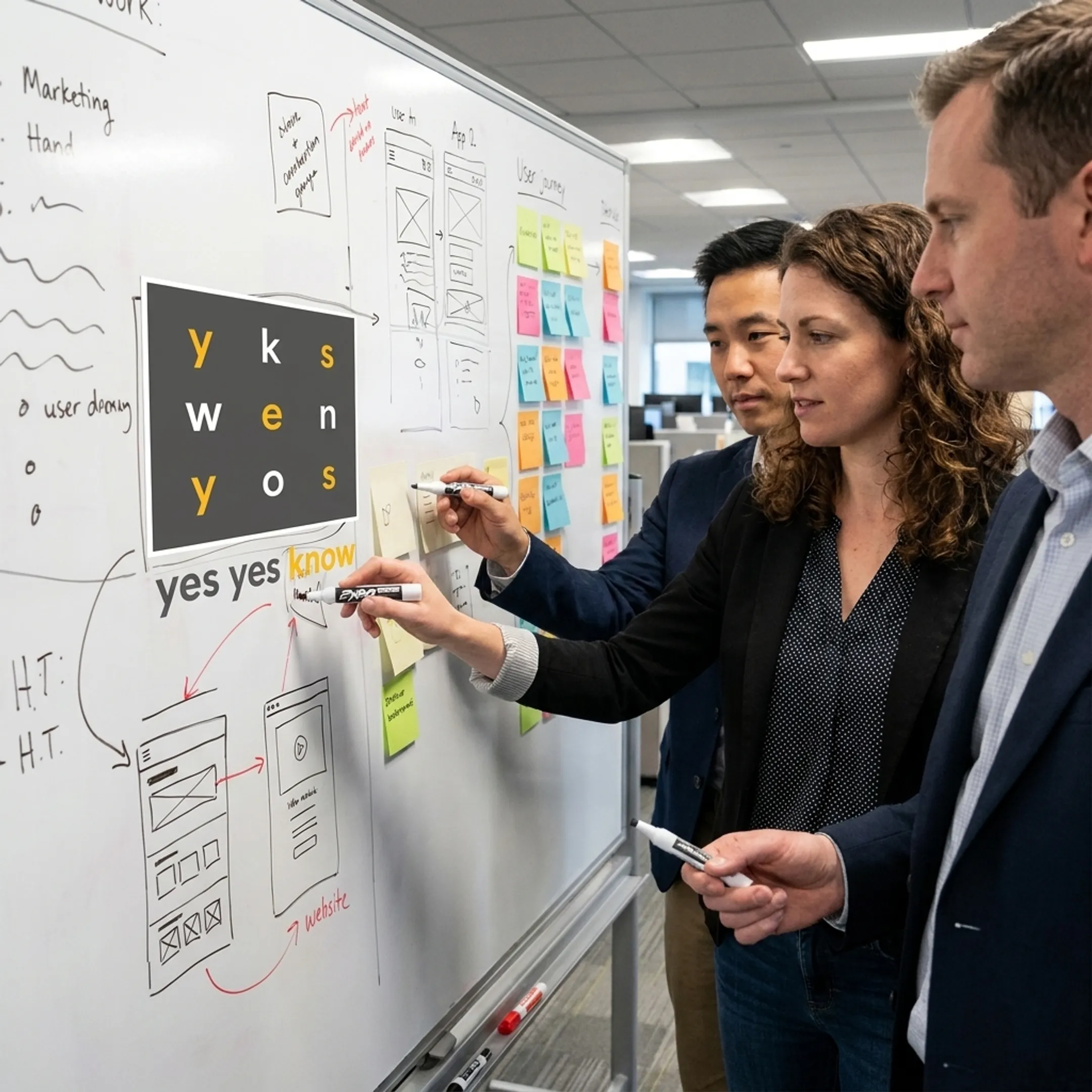 UX designers reviewing workflow diagrams and design system components