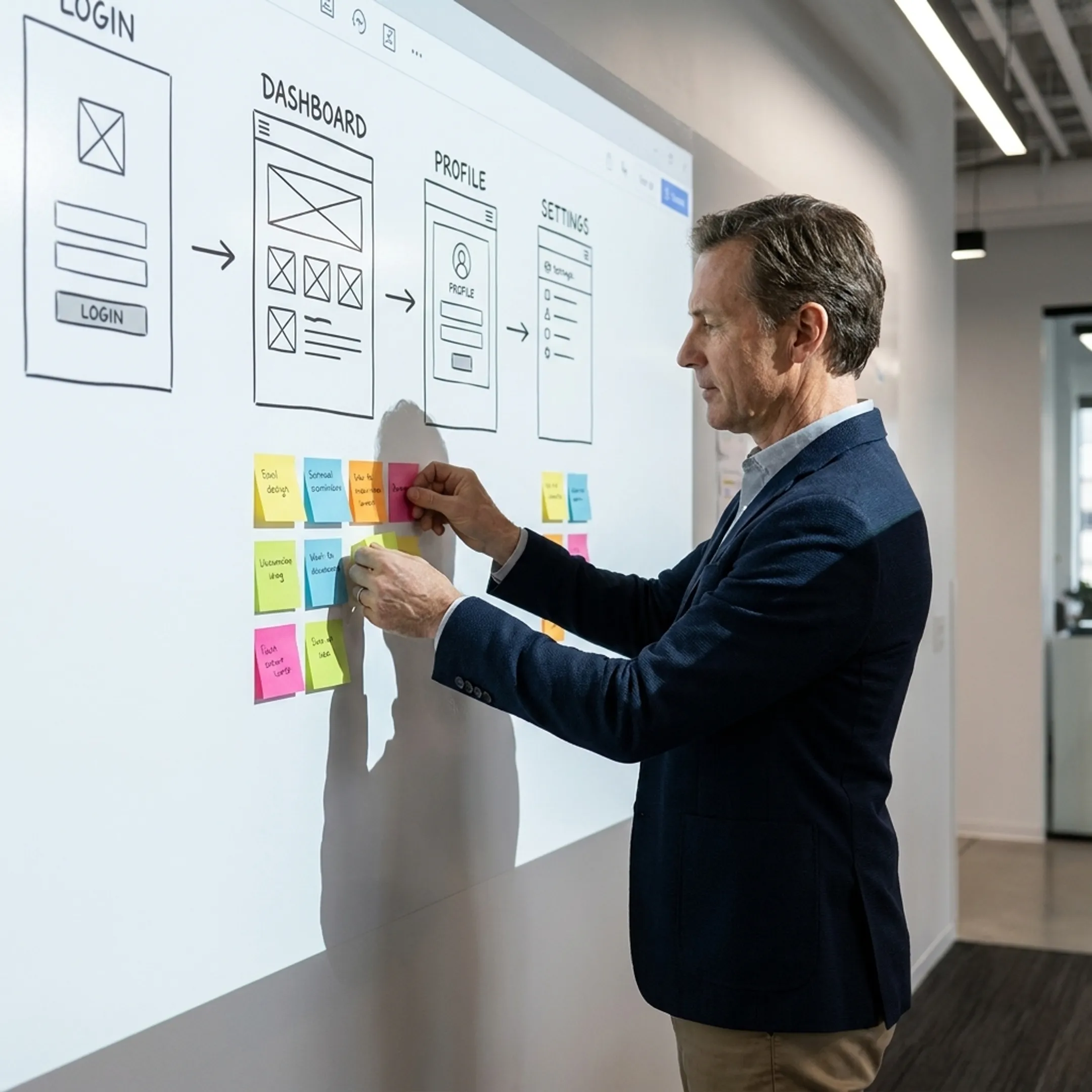 UX designer mapping user journey phases and wireframe prototypes