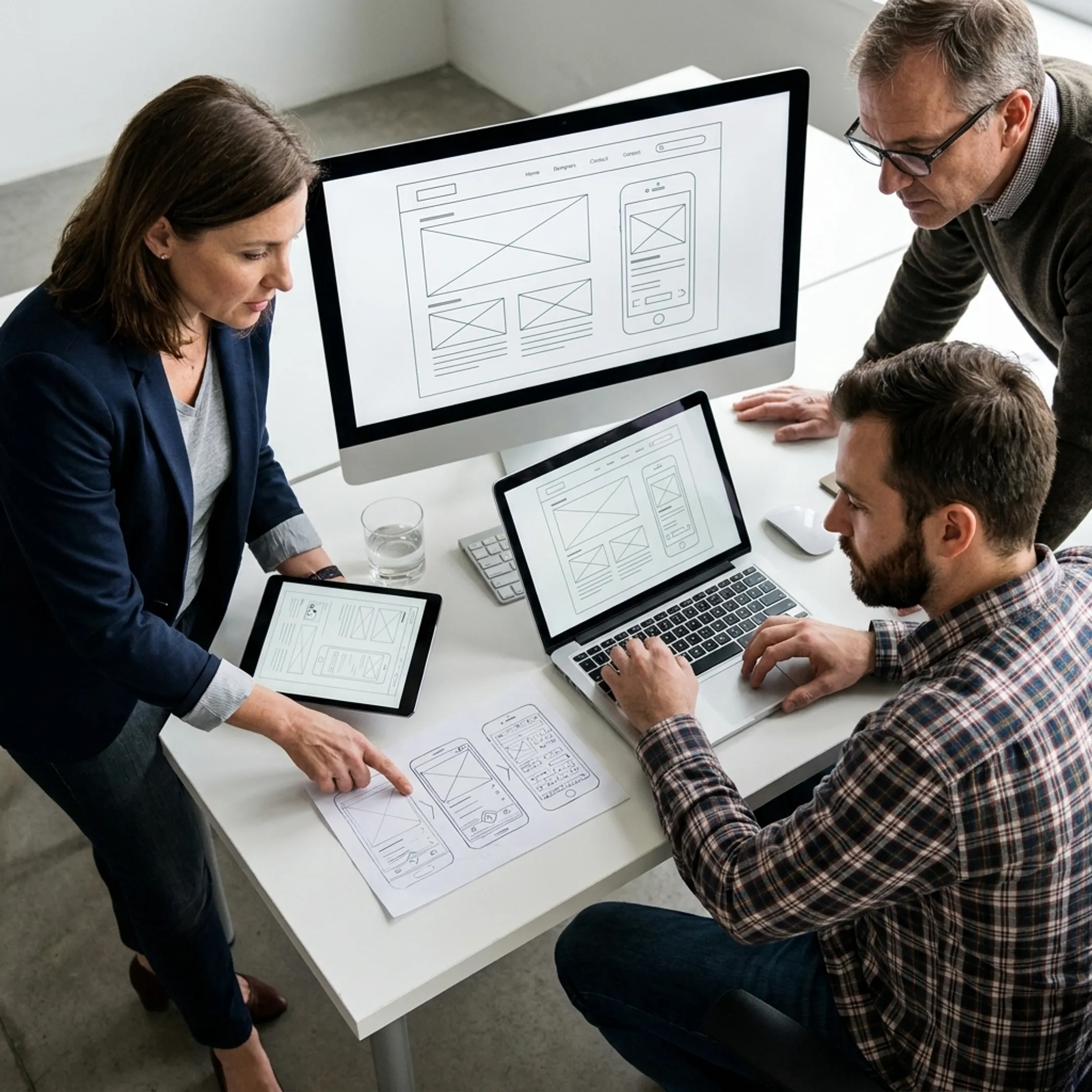 UX and development team reviewing responsive web application wireframes and code architecture.