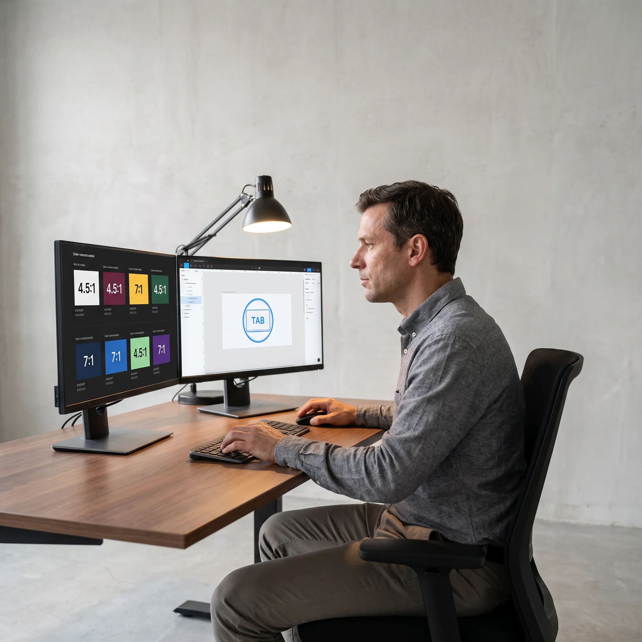 Accessibility specialist reviewing code and design contrast on screen