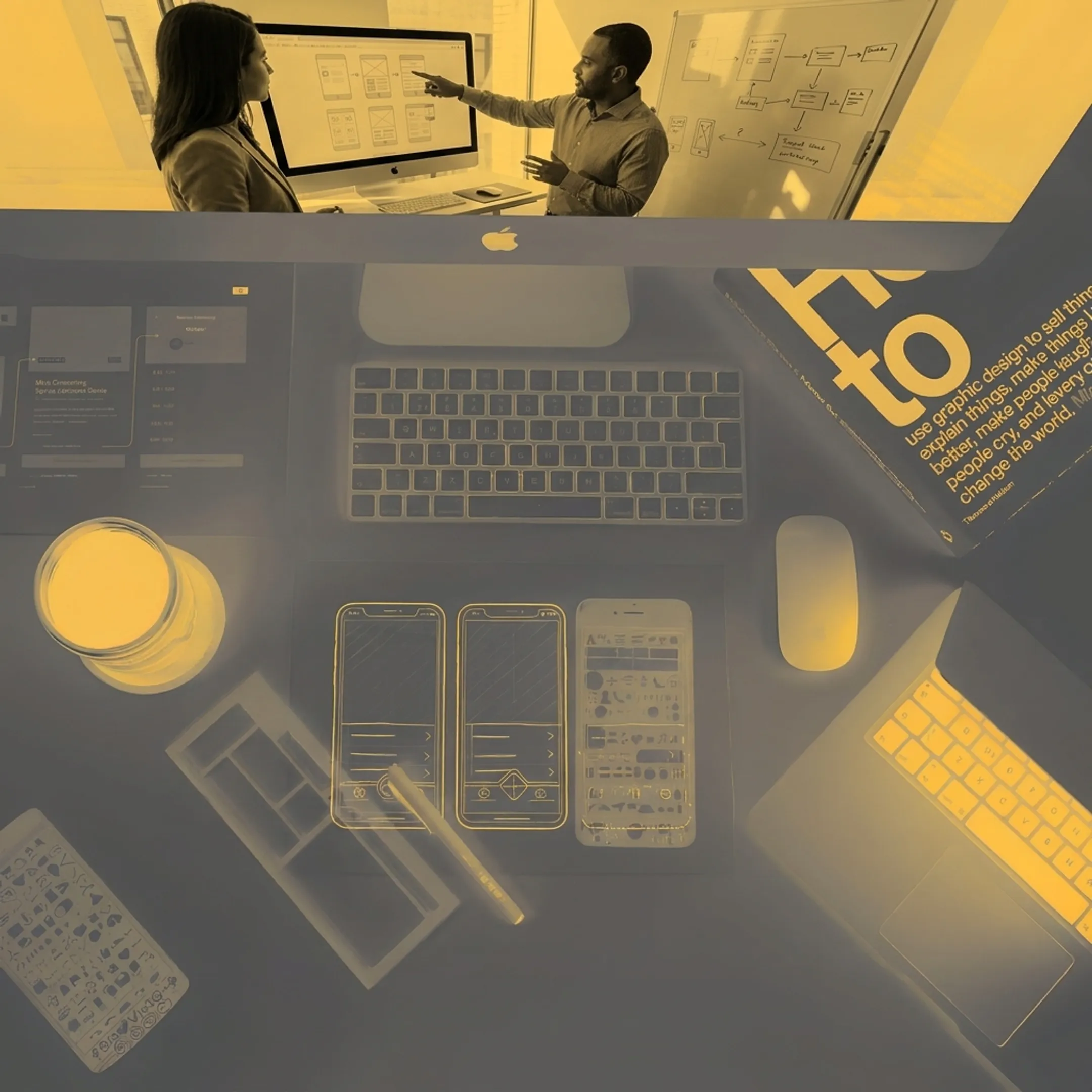UX designers collaborating on wireframes and workflow architectures for software