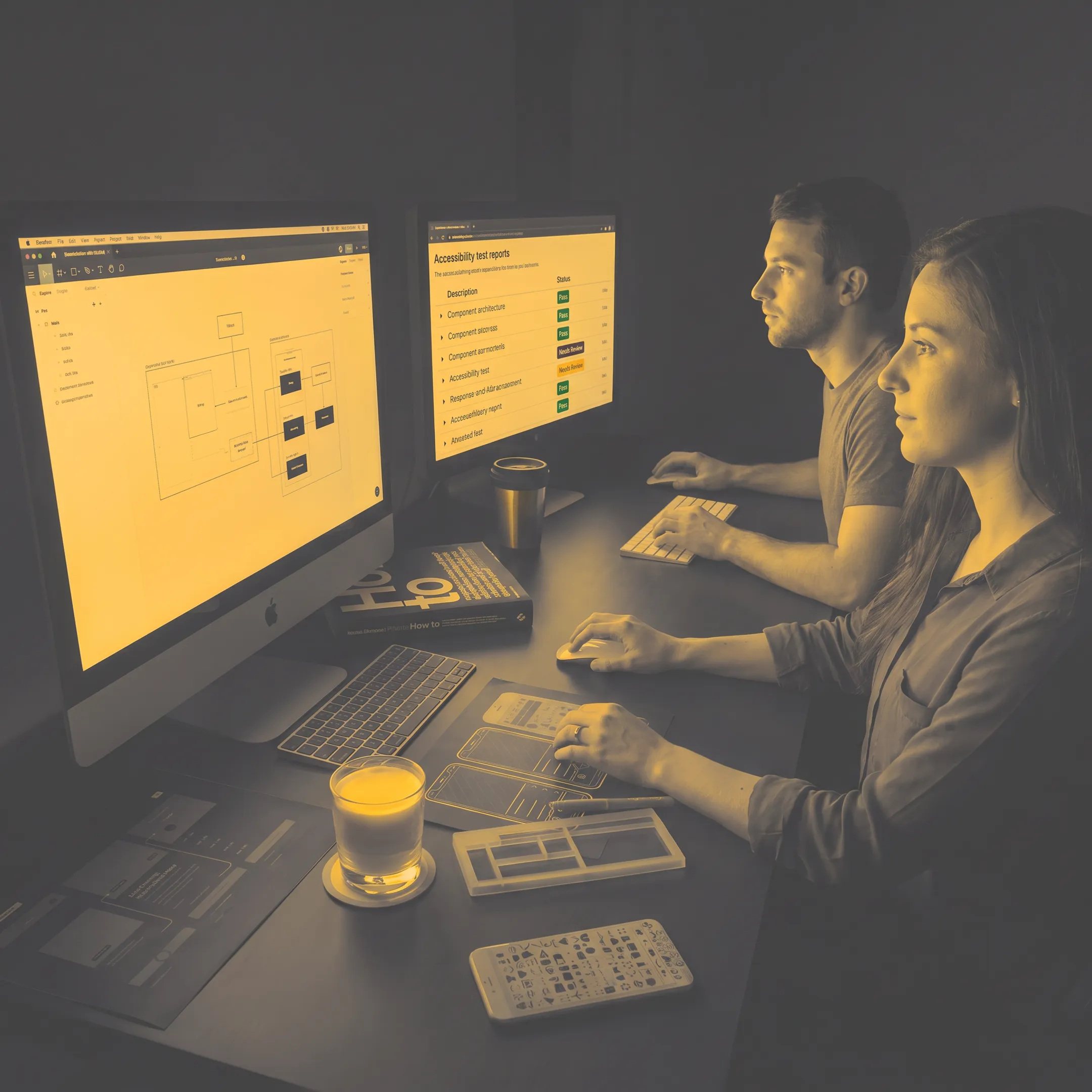 Software development team reviewing front-end interface architecture and code