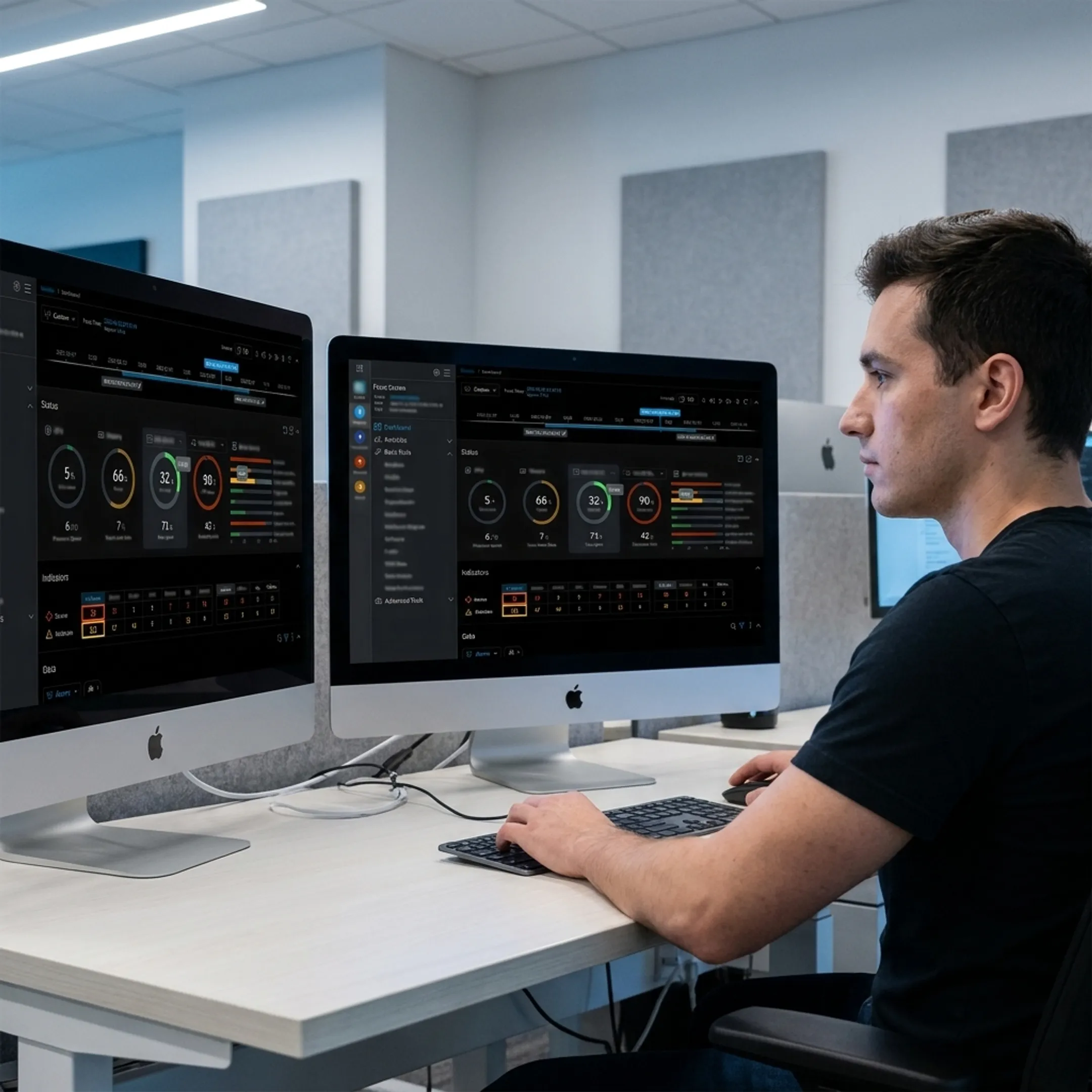 UX designer reviewing fintech dashboard interfaces on a desktop monitor