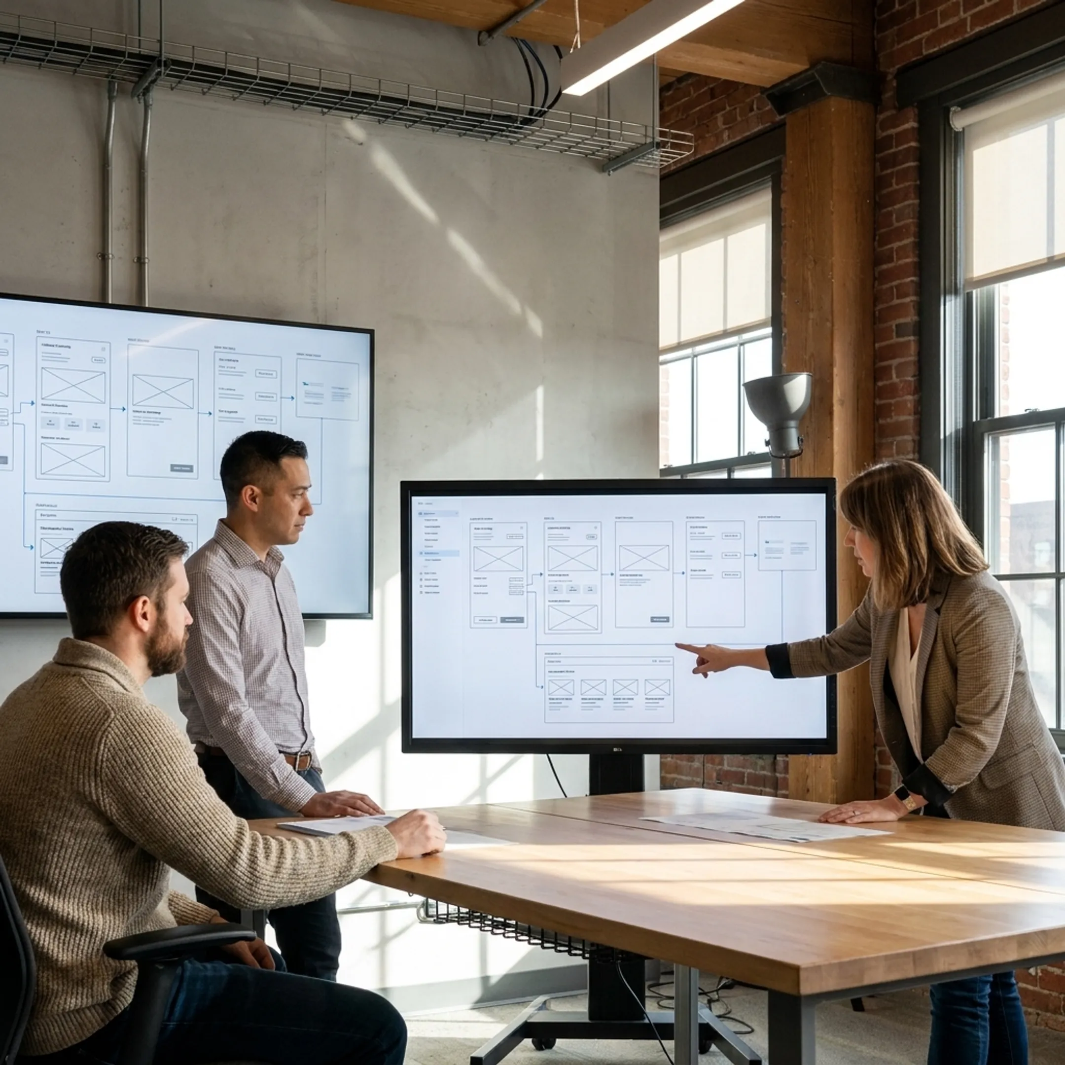 UX designers collaborating on digital wireframes and user workflow diagrams