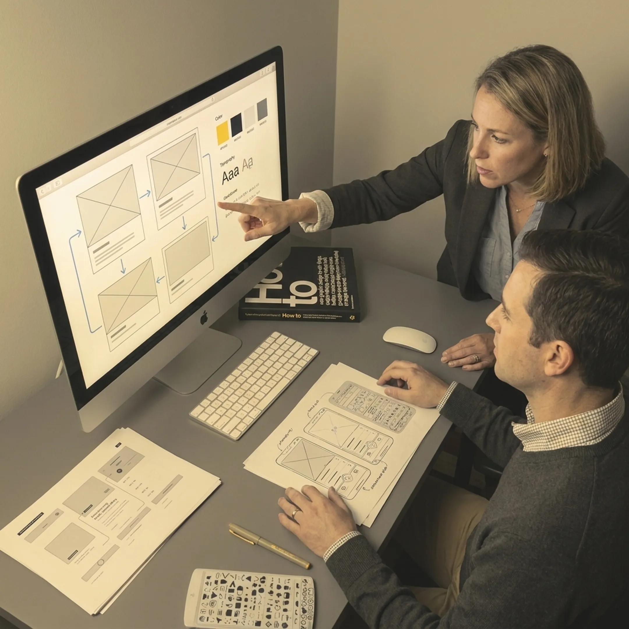 Product designers collaborating on complex software UI and UX wireframes