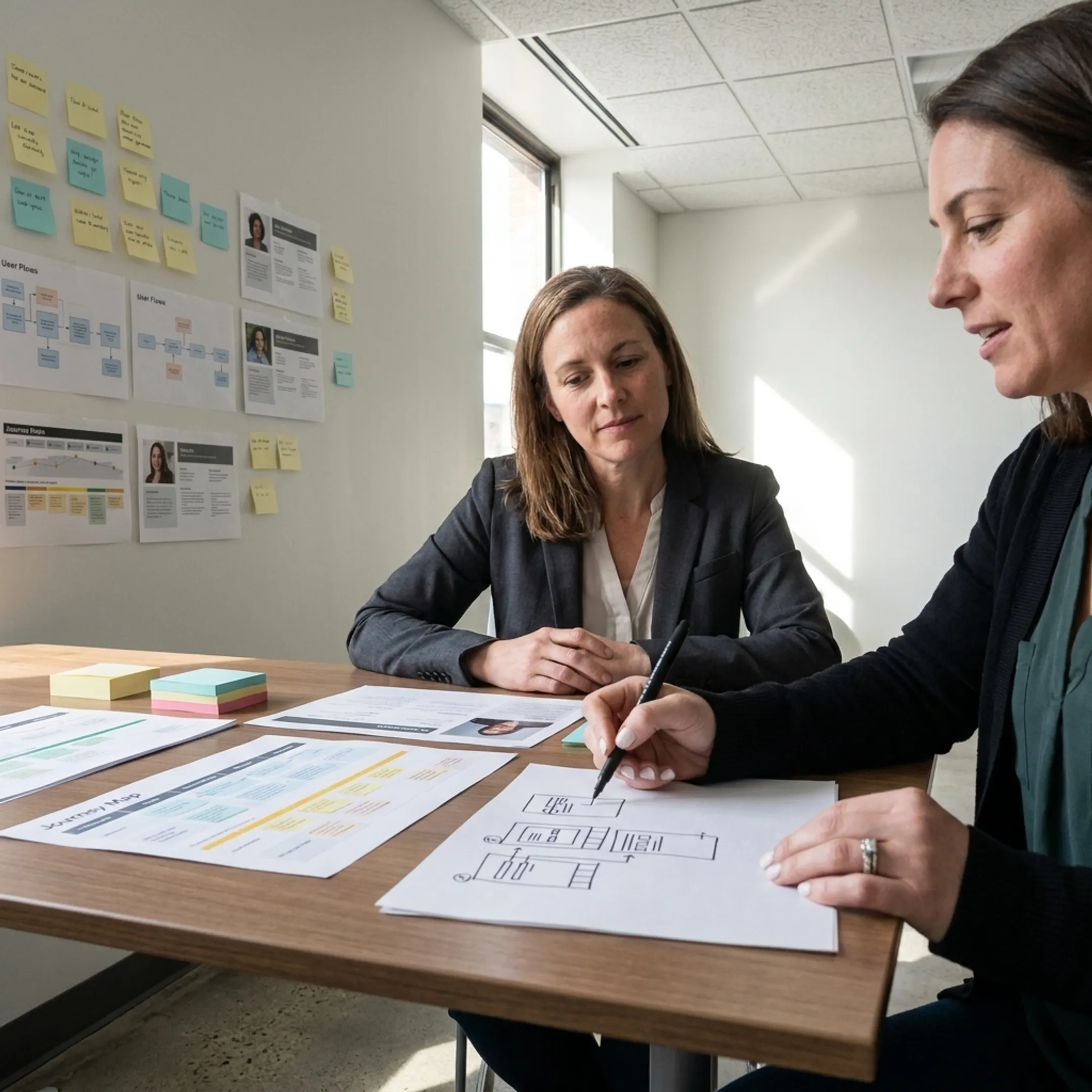 UX researcher conducting an interview with a software user beside product research notes