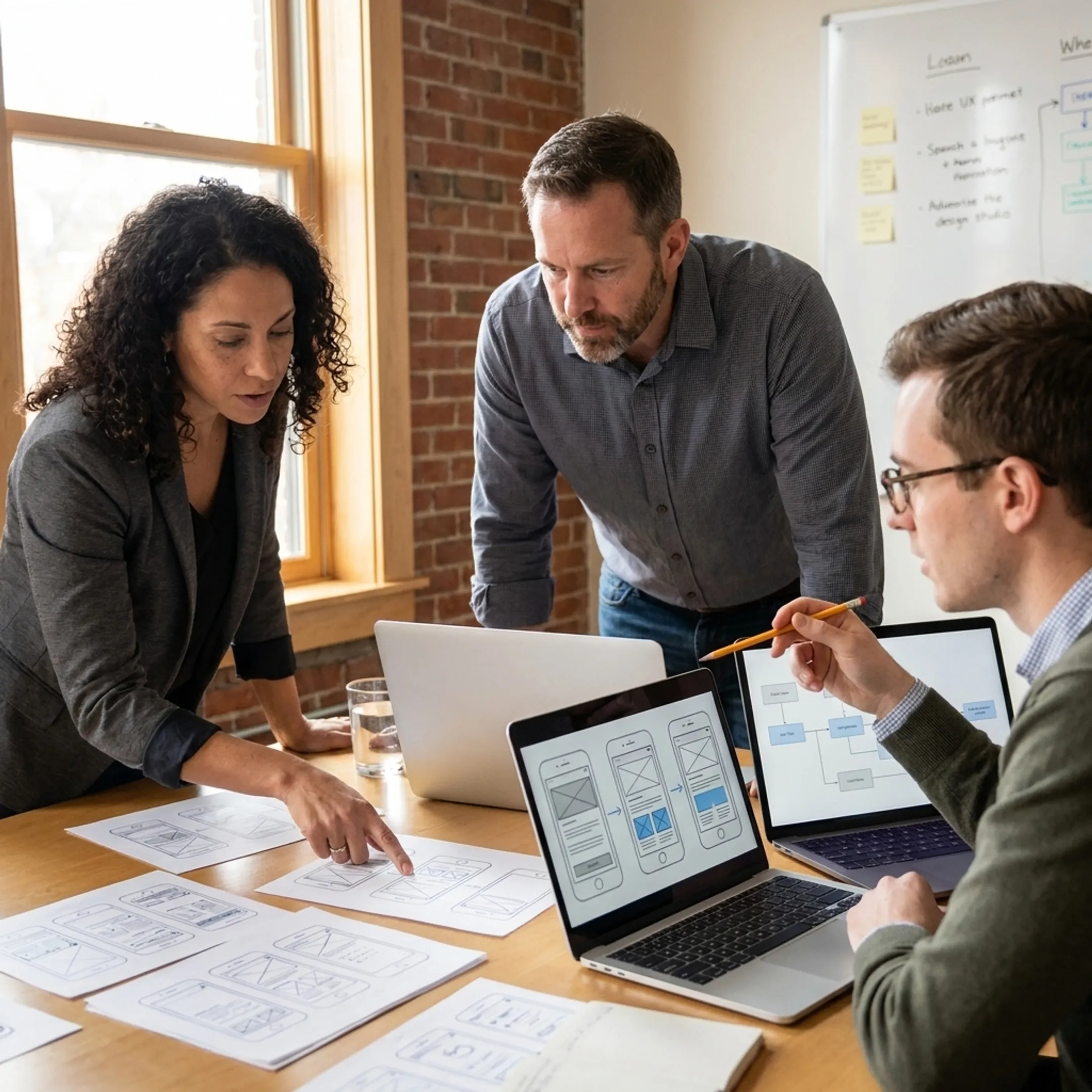 Creative design team reviewing complex software interface designs