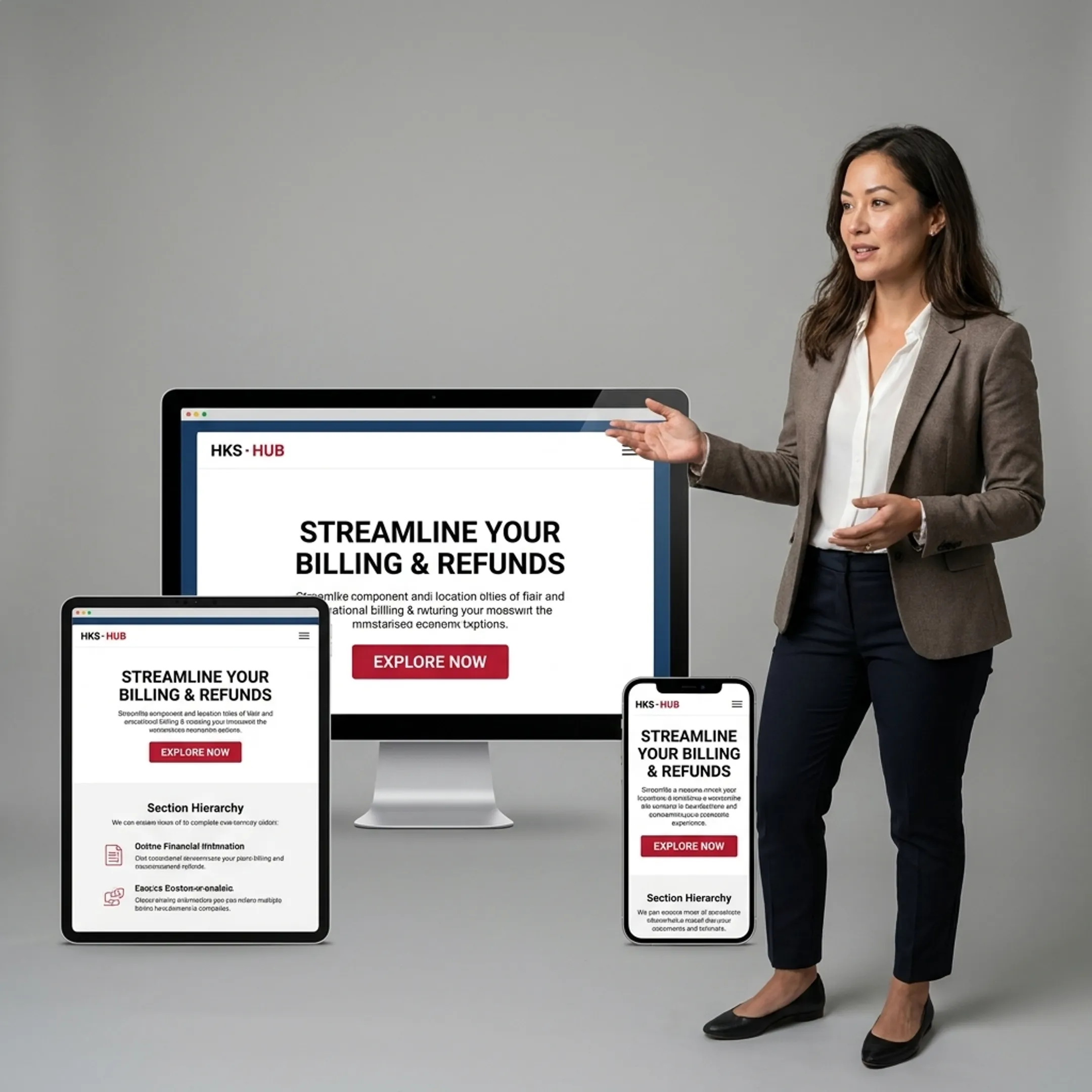Designer presenting an accessible landing page concept with clear content hierarchy