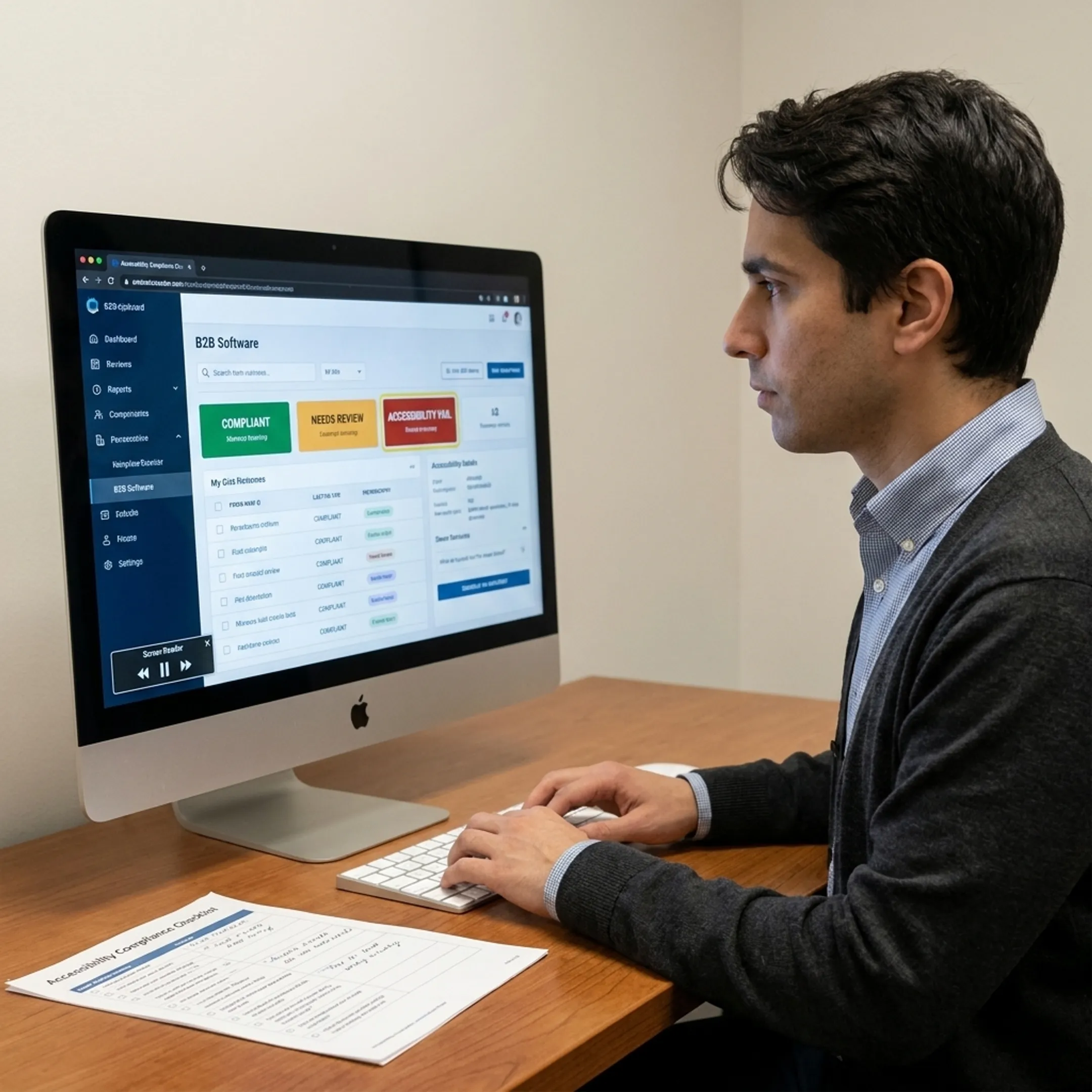 Consultant conducting screen reader and keyboard accessibility testing on software