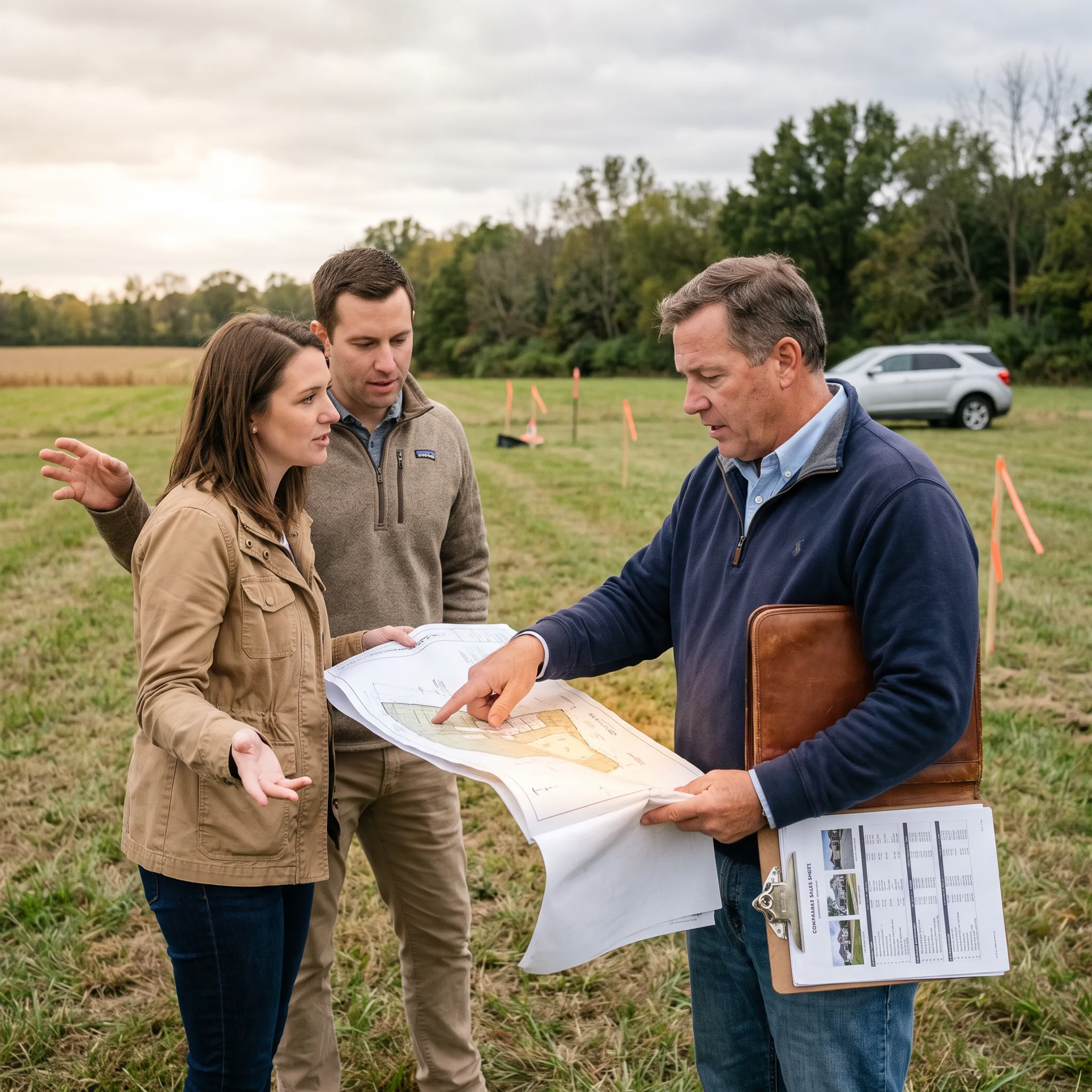 Real estate agents reviewing land property information with clients