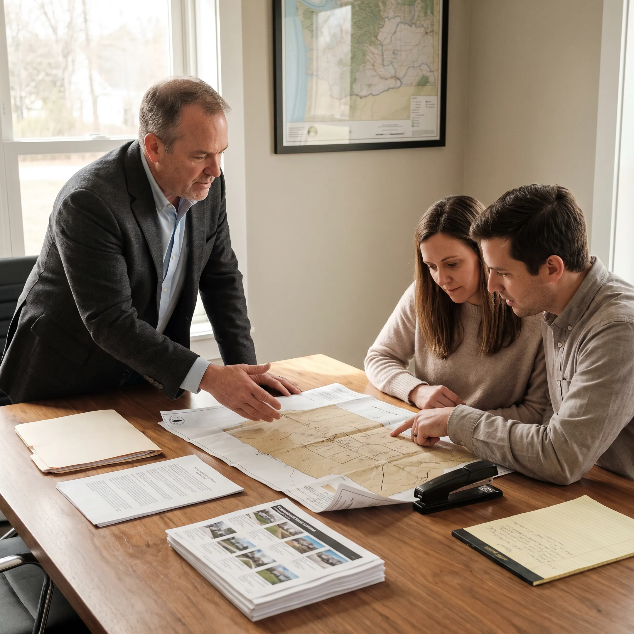Agent discussing land purchase documents with clients