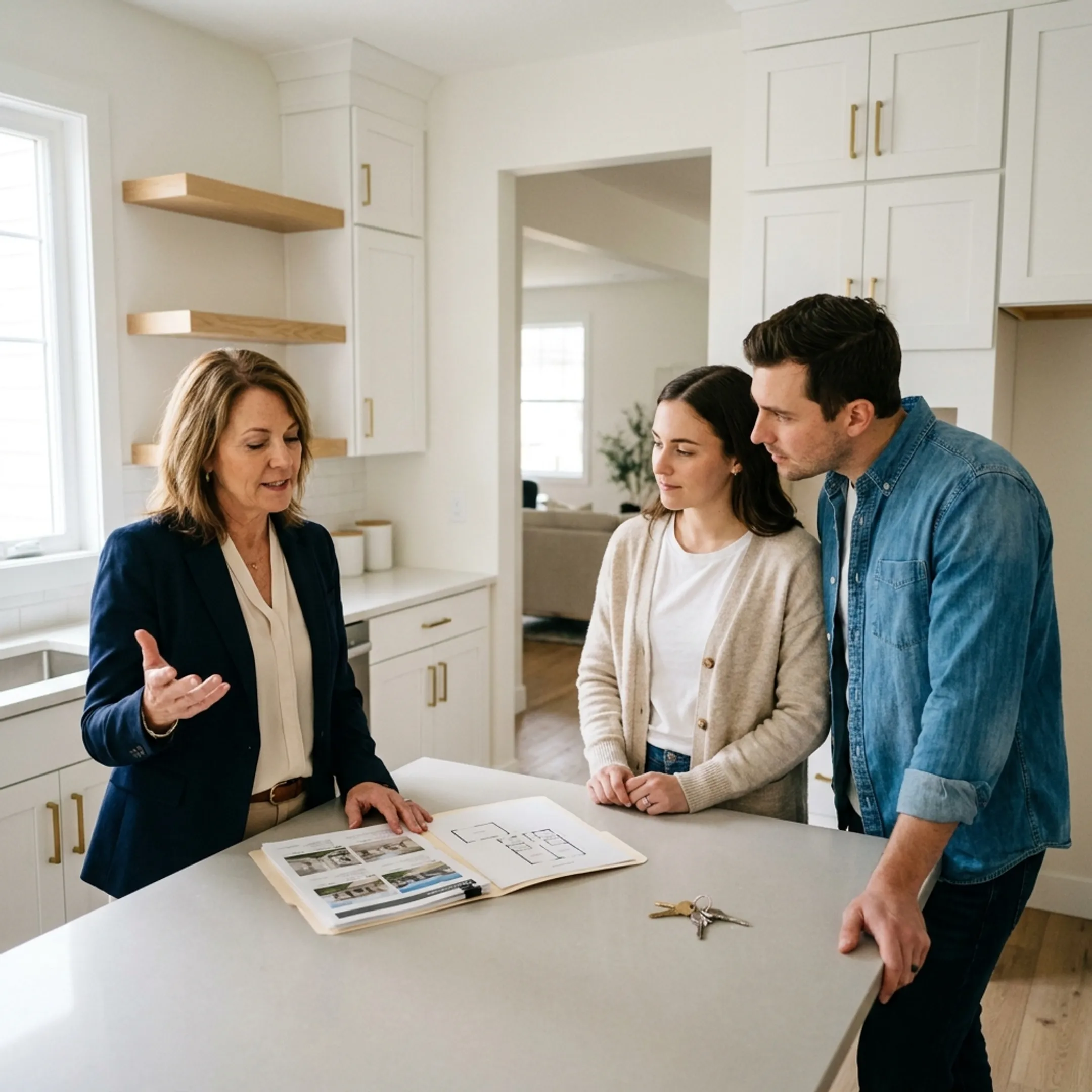 Real estate agent guiding first-time home buyers through a property