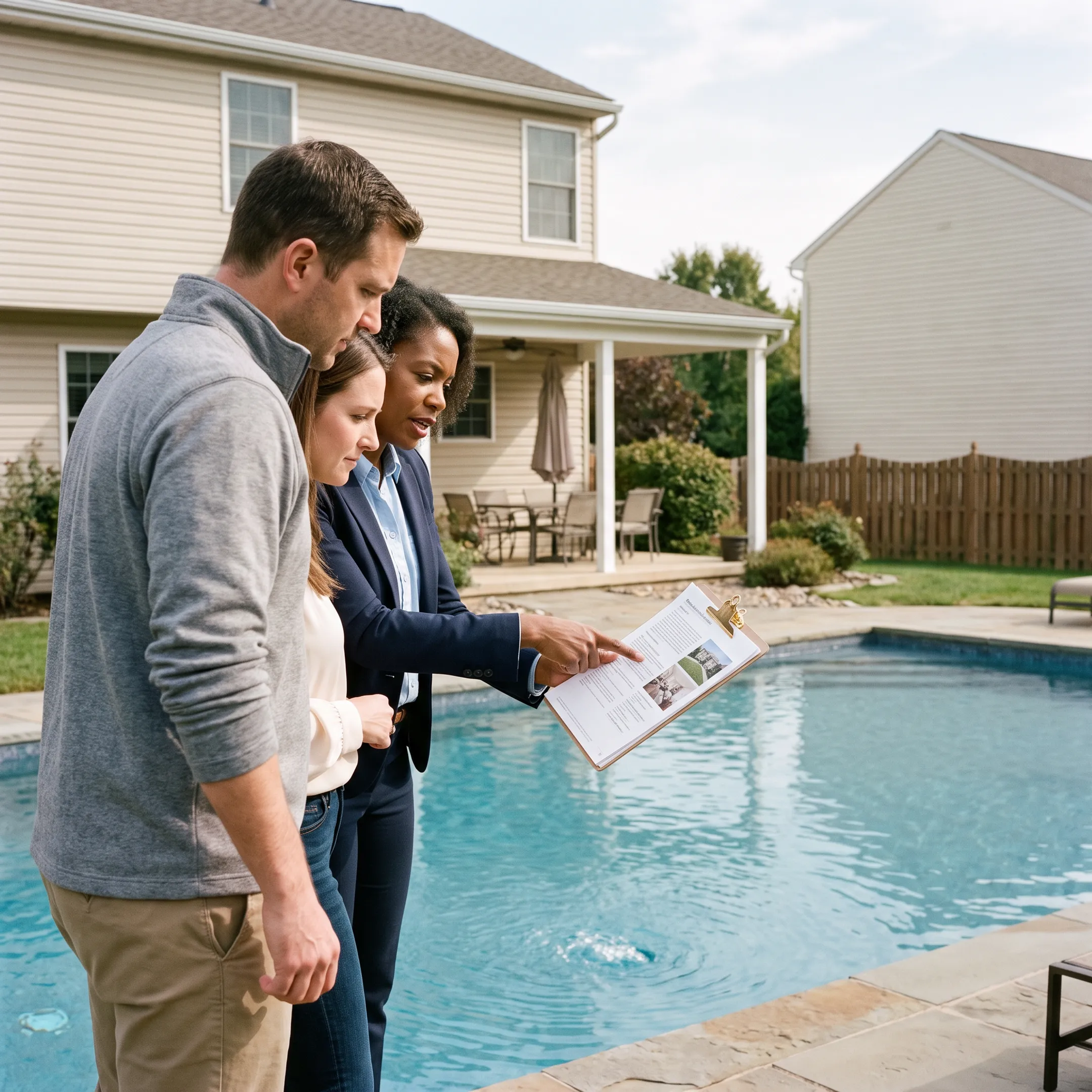 Real estate professional discussing a York pool home with buyers
