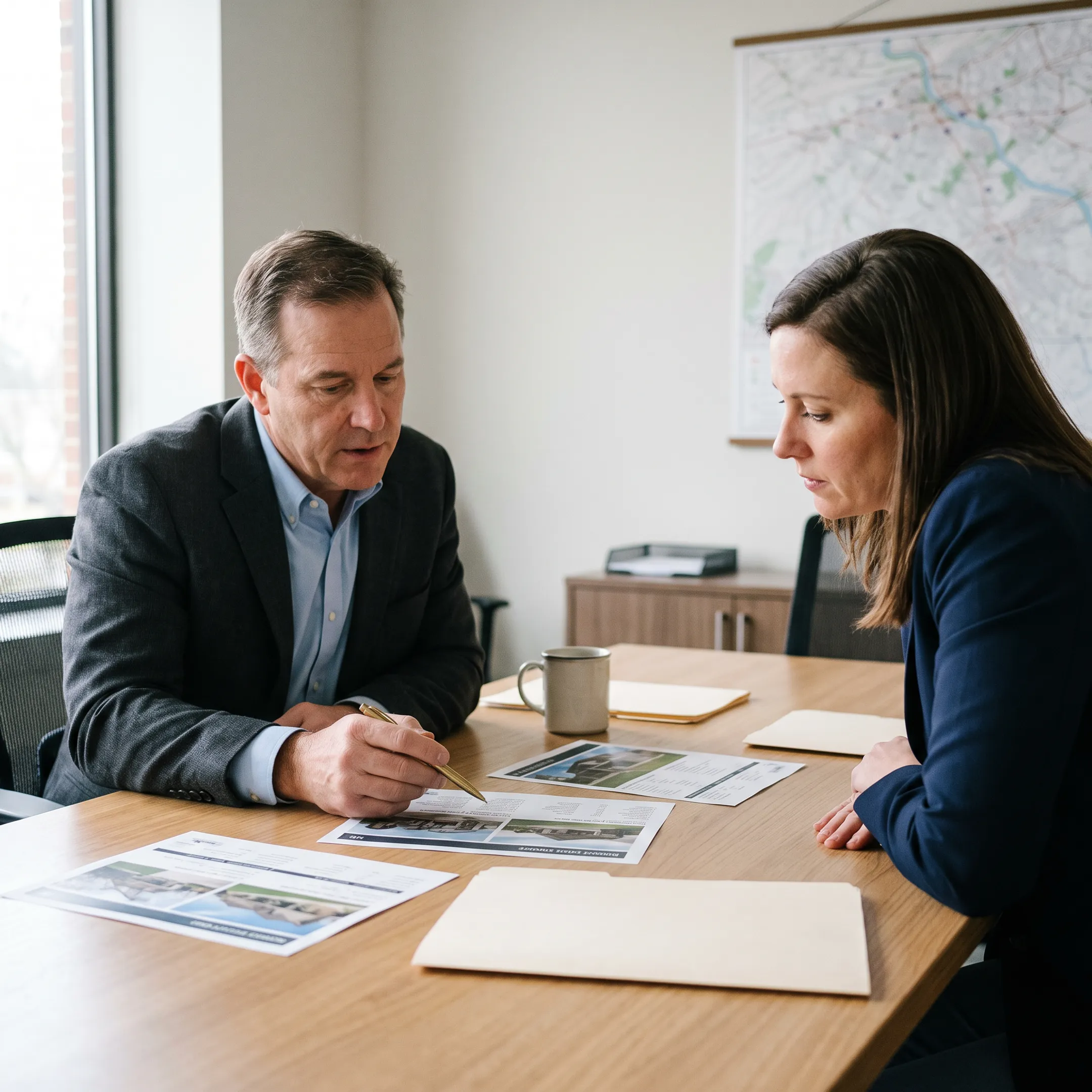 Real estate professional reviewing commercial property details with a buyer